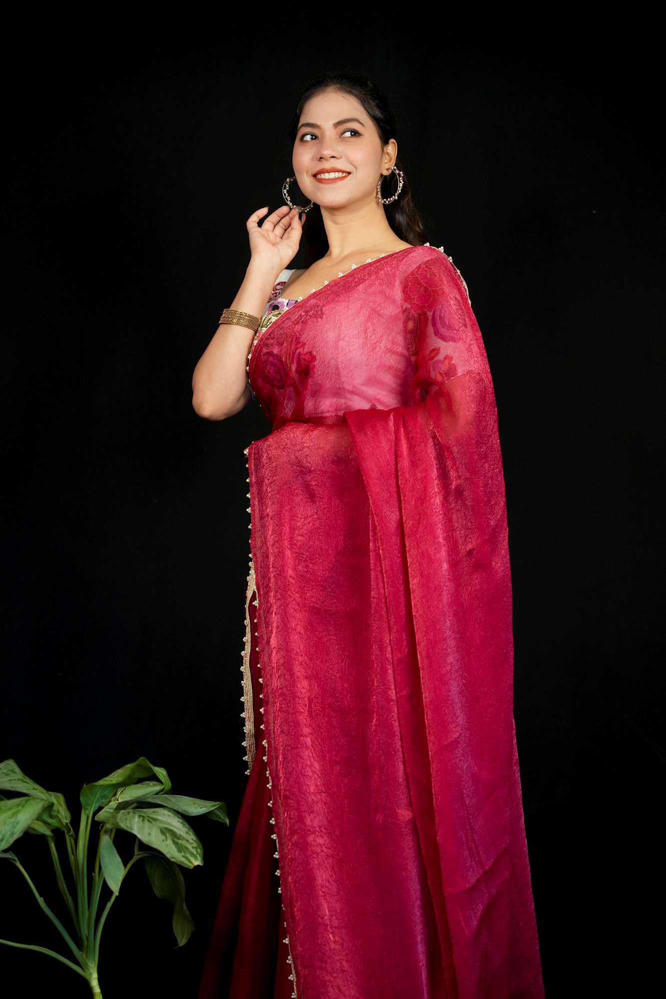 Beautiful Red Silk Crush Saree with Lace Trimmed Border & Full Stitched Kalamkari Print Handwork Blouse Wrap in 1 Minute Saree