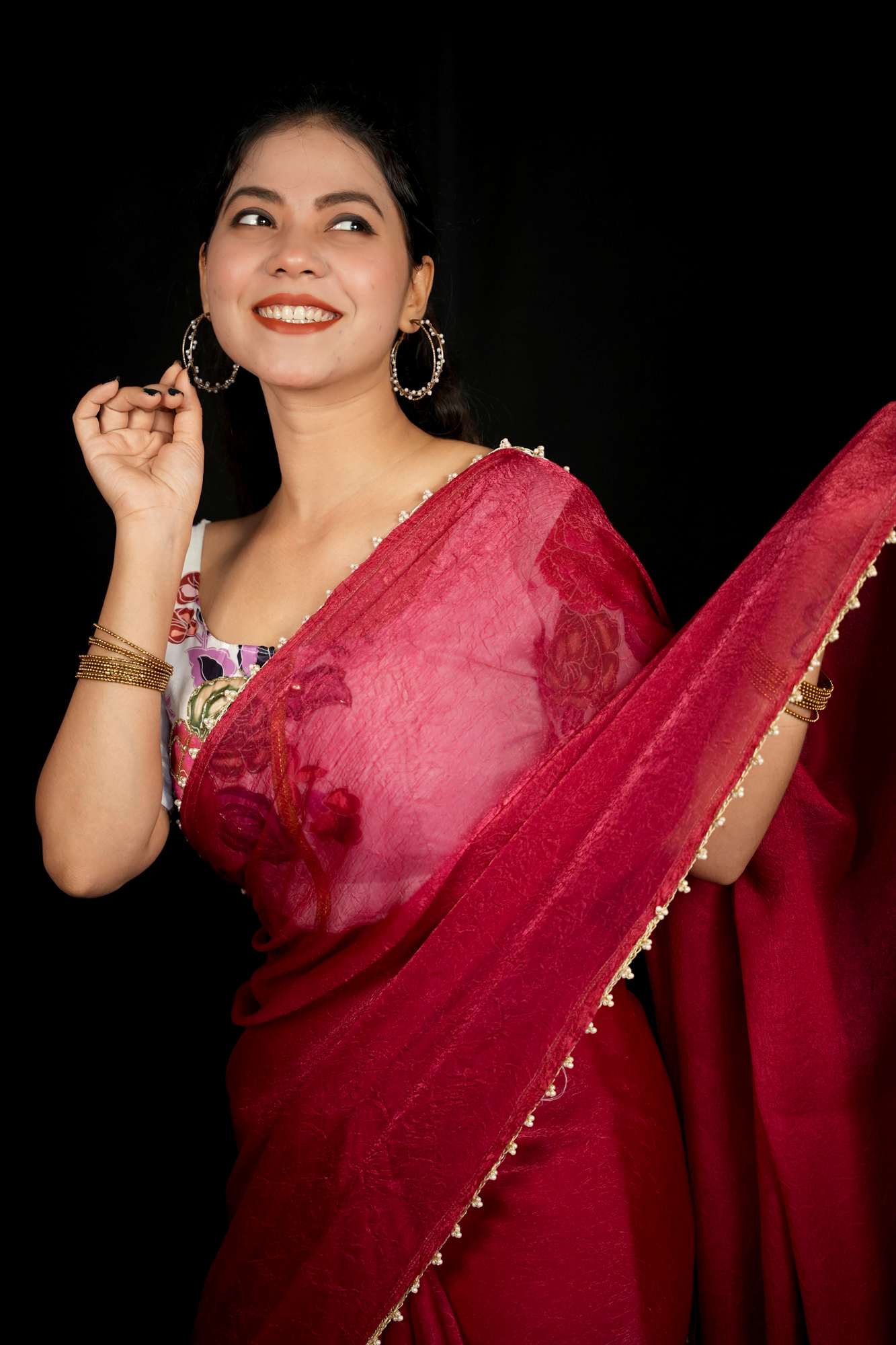 Beautiful Red Silk Crush Saree with Lace Trimmed Border & Full Stitched Kalamkari Print Handwork Blouse Wrap in 1 Minute Saree