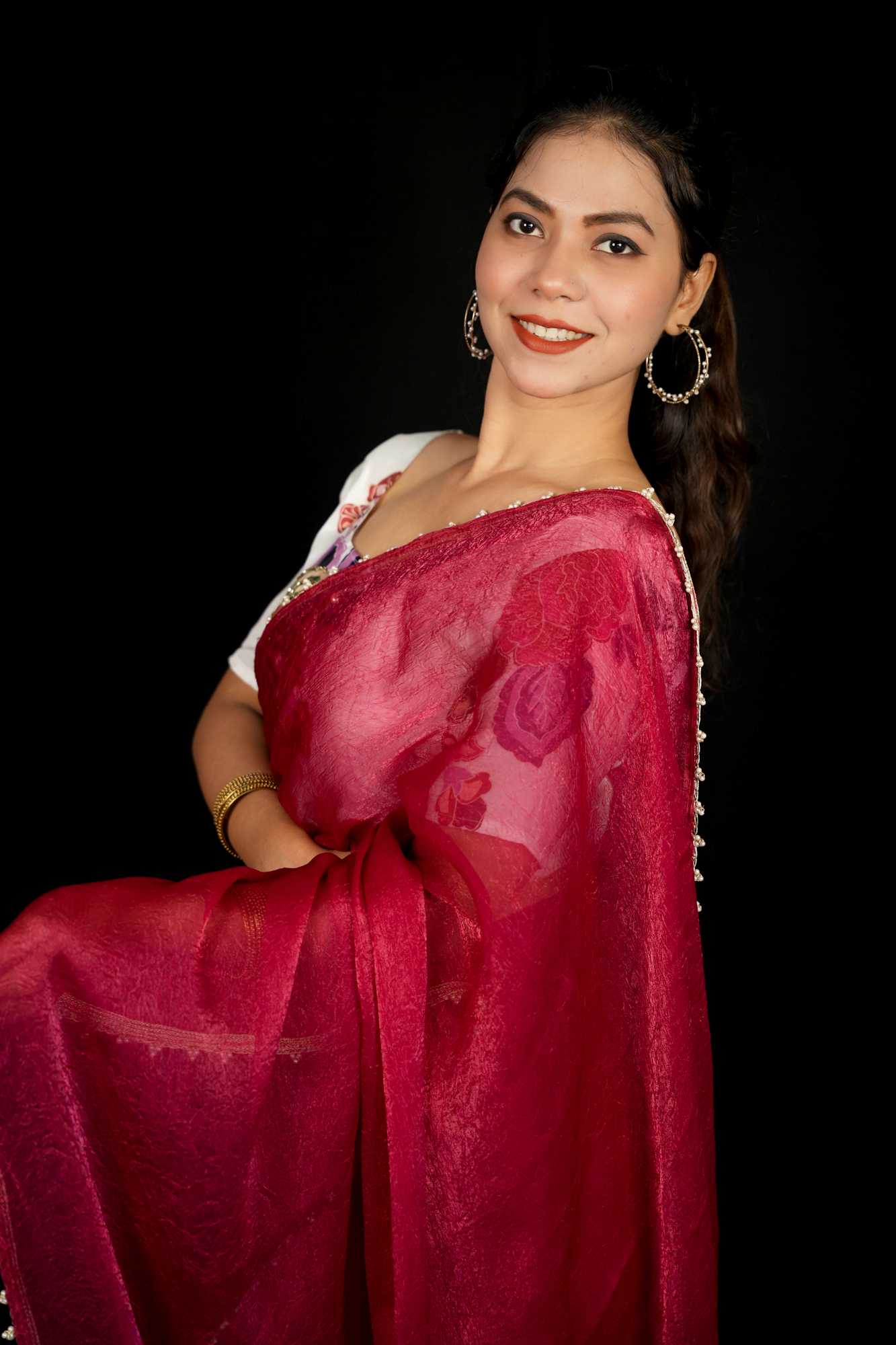 Beautiful Red Silk Crush Saree with Lace Trimmed Border & Full Stitched Kalamkari Print Handwork Blouse Wrap in 1 Minute Saree