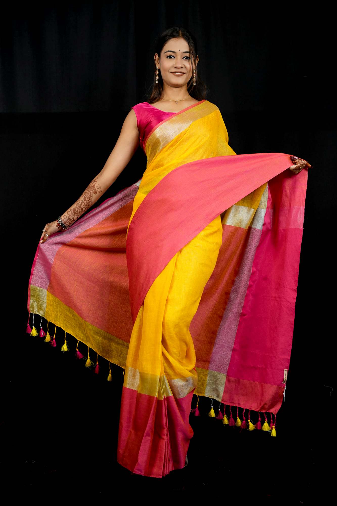 Yellow and Bright Pink Wide Border Linen by Linen Ready to wear Saree