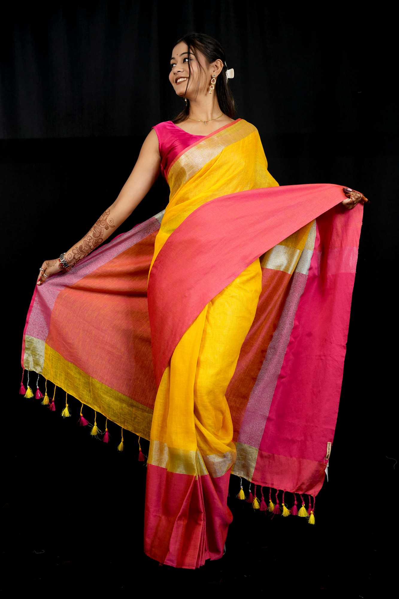 Yellow and Bright Pink Wide Border Linen by Linen Ready to wear Saree