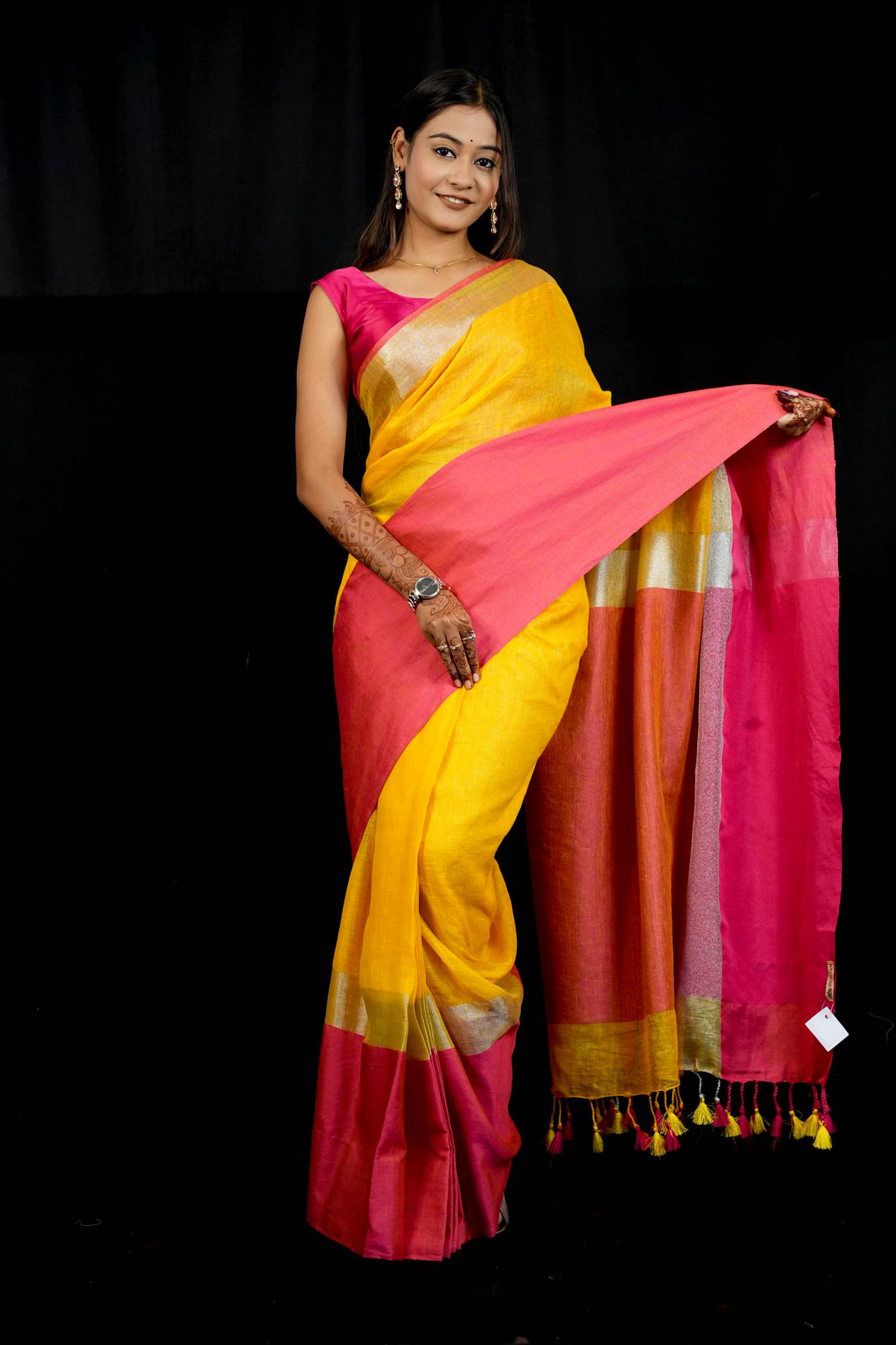 Yellow and Bright Pink Wide Border Linen by Linen Ready to wear Saree