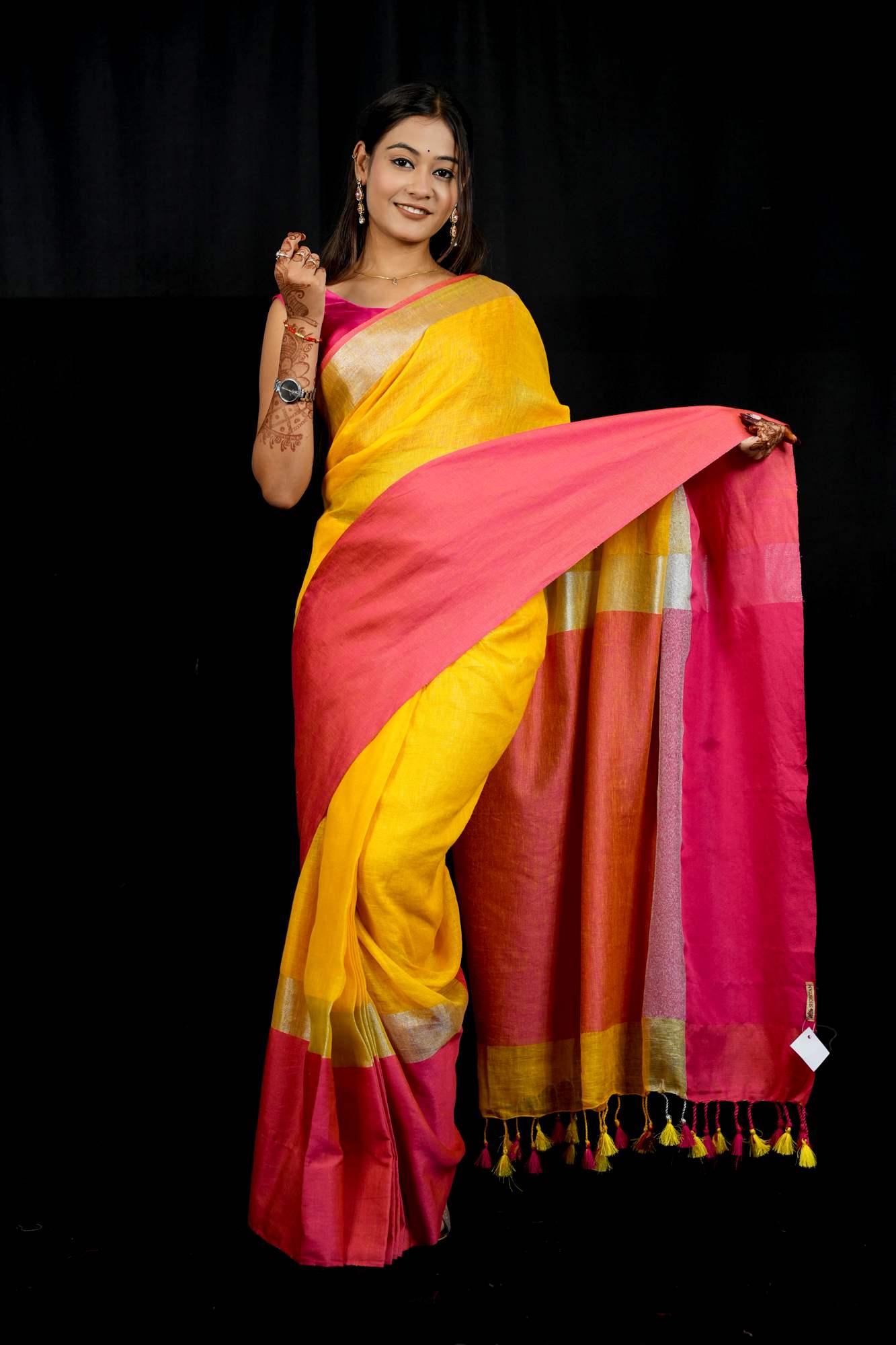Yellow and Bright Pink Wide Border Linen by Linen Ready to wear Saree
