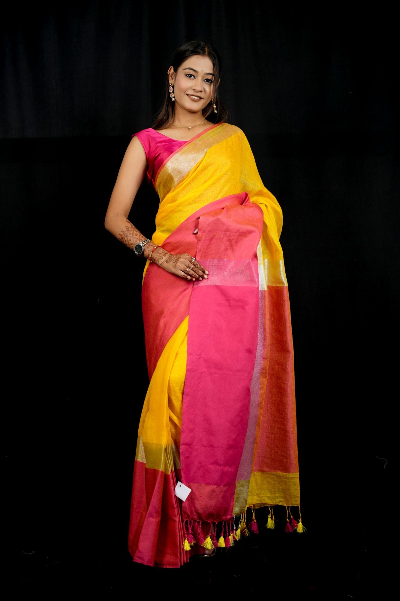 Yellow and Bright Pink Wide Border Linen by Linen Ready to wear Saree