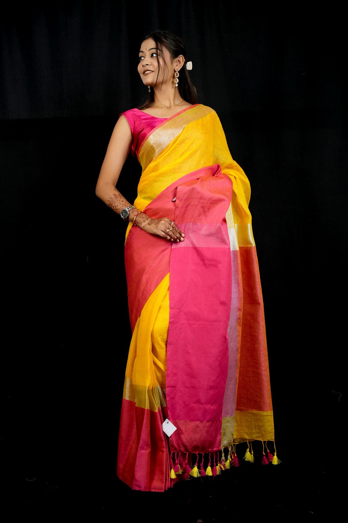 Yellow and Bright Pink Wide Border Linen by Linen Ready to wear Saree