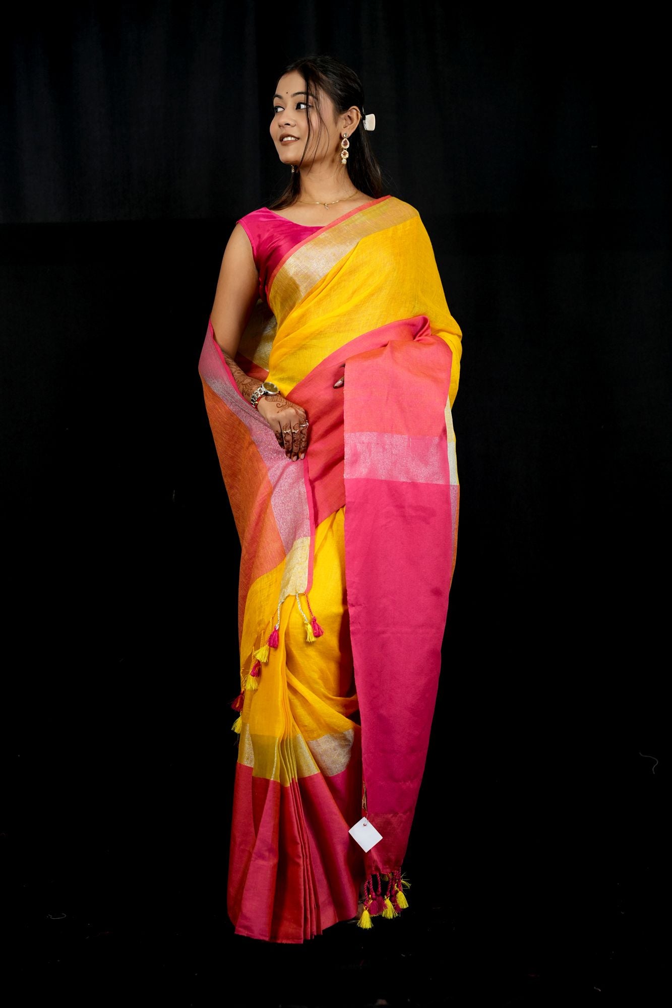 Yellow and Bright Pink Wide Border Linen by Linen Ready to wear Saree
