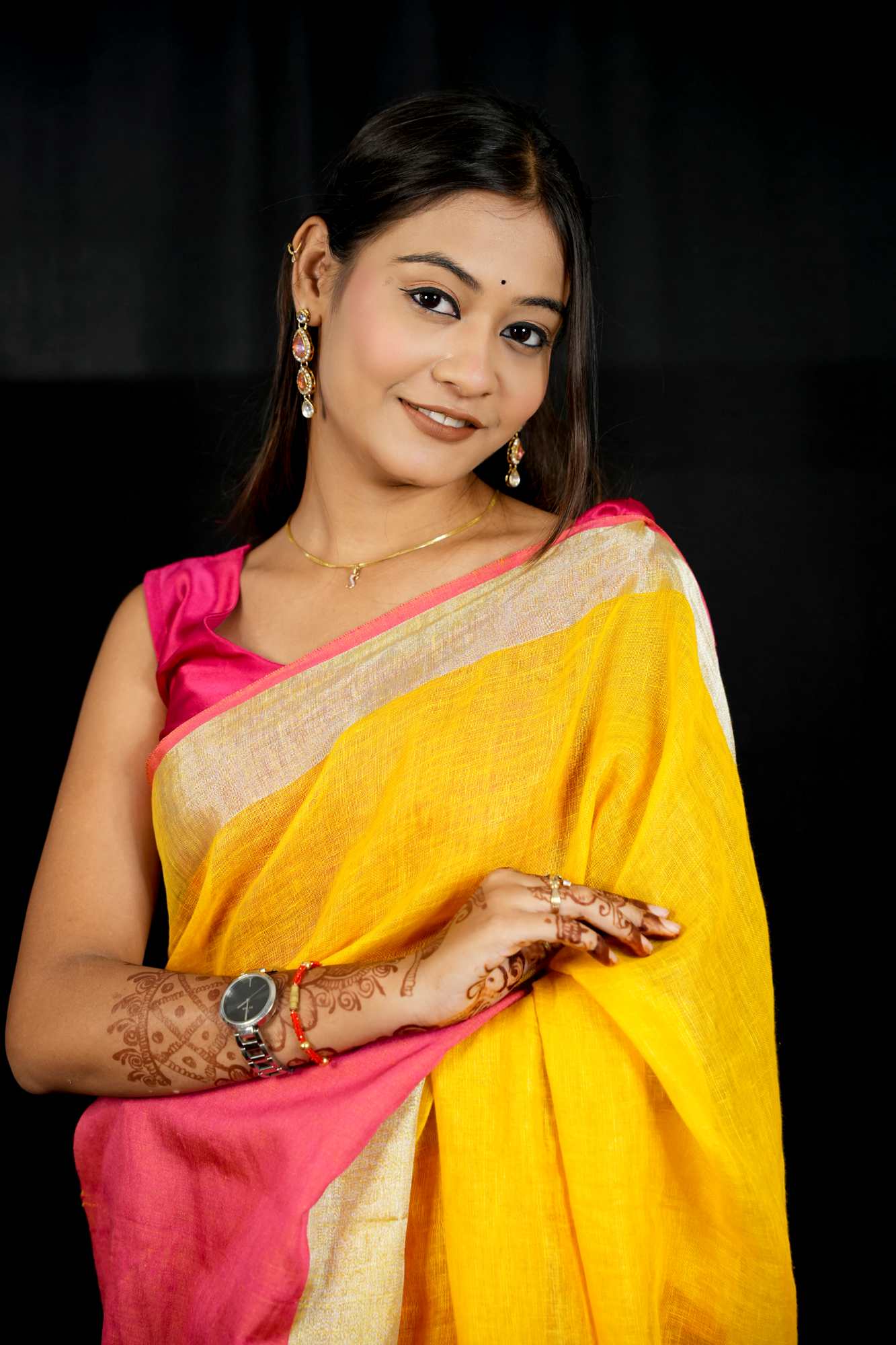 Yellow and Bright Pink Wide Border Linen by Linen Ready to wear Saree