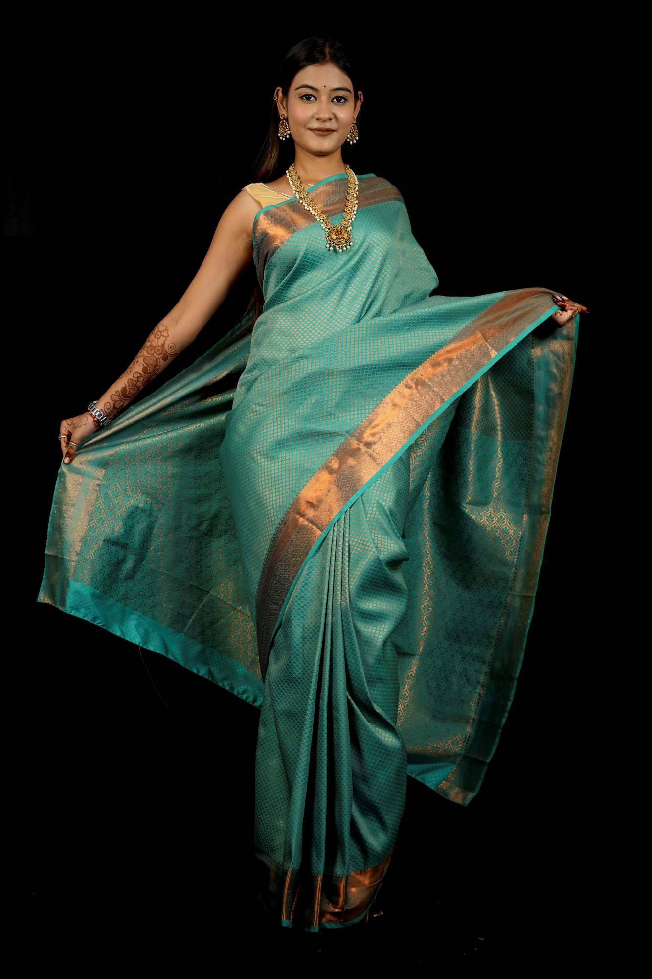 Bridal Silk with Intricate Geometric Weave & Rich Zari Border Ready To Wear Saree