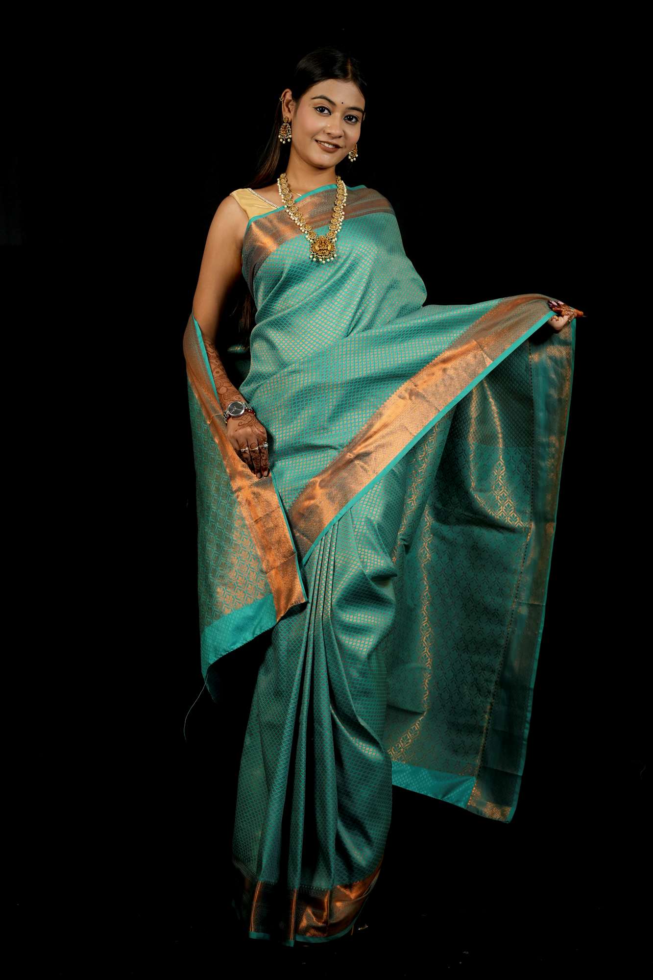 Bridal Silk with Intricate Geometric Weave & Rich Zari Border Ready To Wear Saree