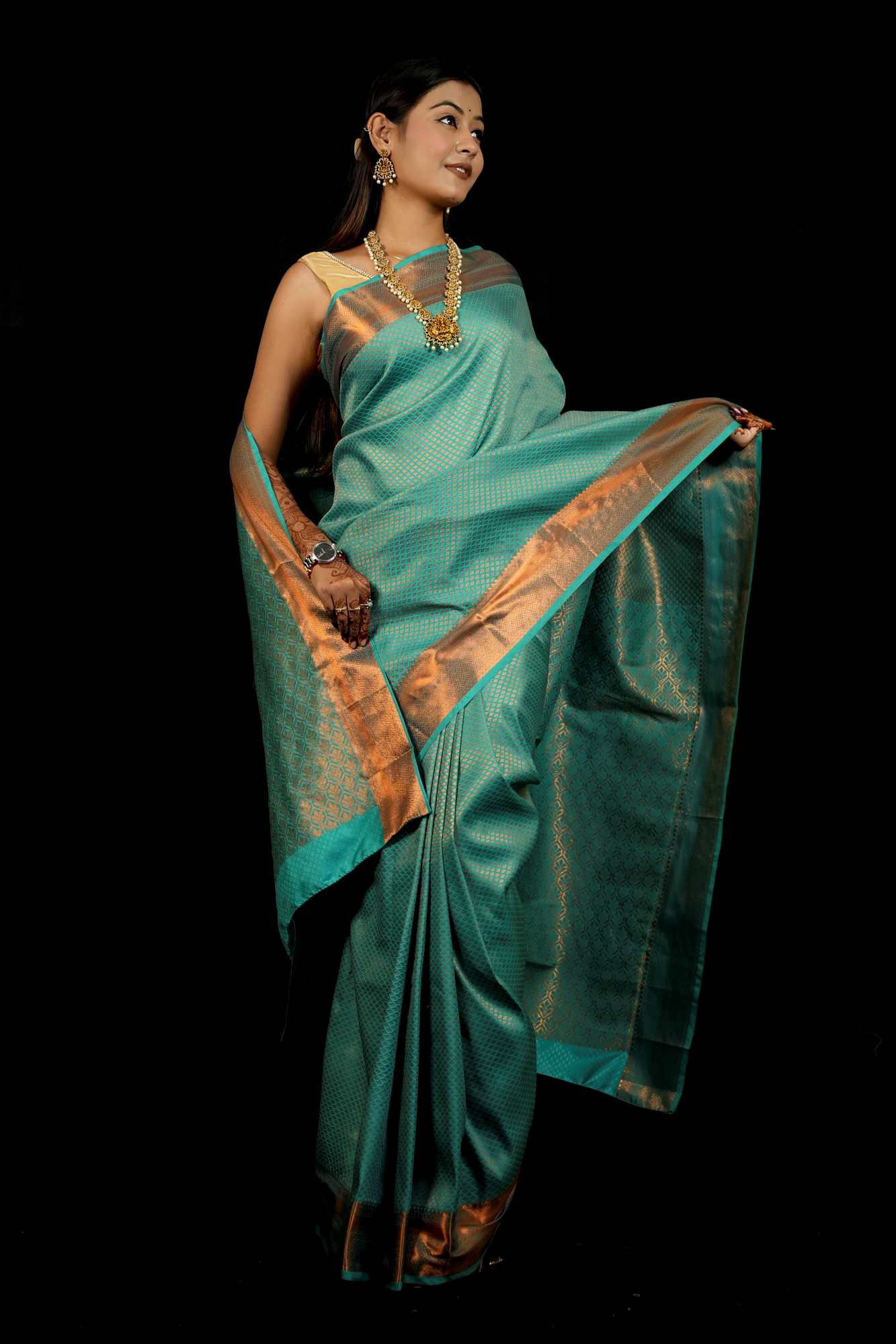 Bridal Silk with Intricate Geometric Weave & Rich Zari Border Ready To Wear Saree