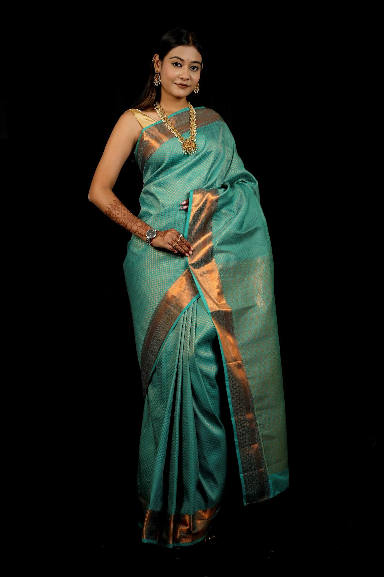 Bridal Silk with Intricate Geometric Weave & Rich Zari Border Ready To Wear Saree