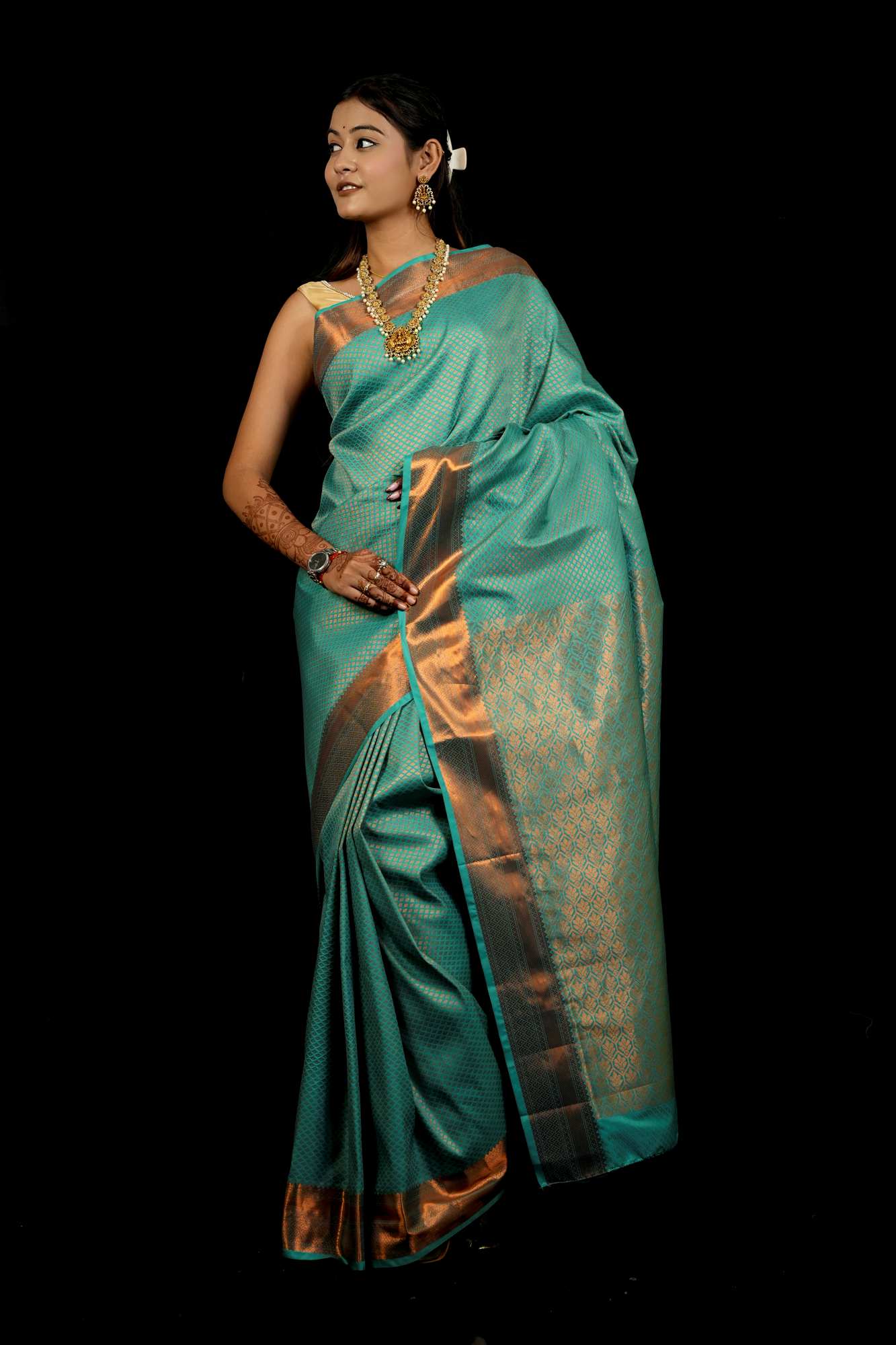 Bridal Silk with Intricate Geometric Weave & Rich Zari Border Ready To Wear Saree