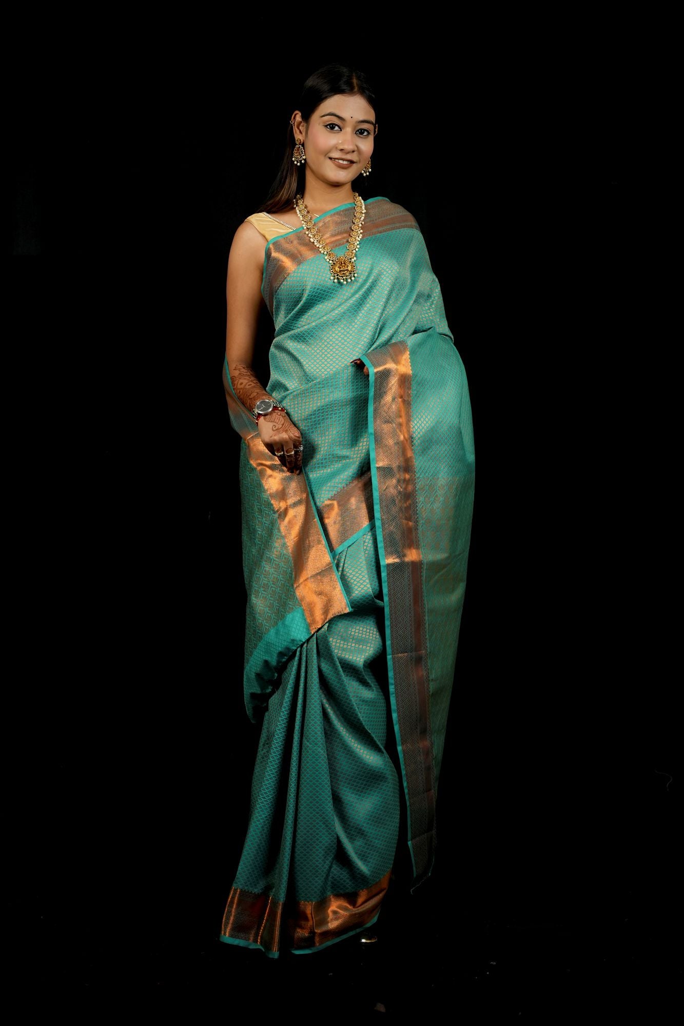 Bridal Silk with Intricate Geometric Weave & Rich Zari Border Ready To Wear Saree