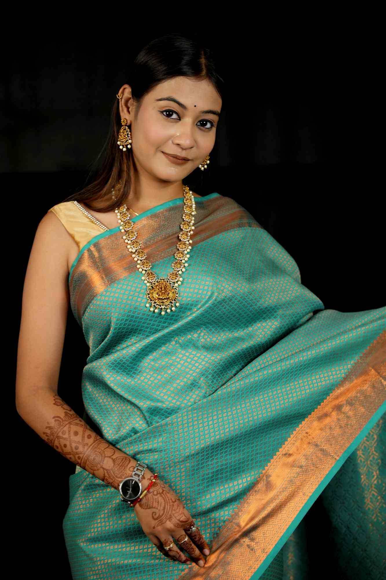 Bridal Silk with Intricate Geometric Weave & Rich Zari Border Ready To Wear Saree