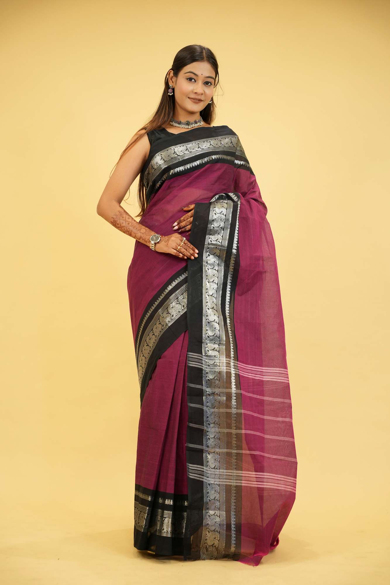 Cotton with Silver Zari Woven Border Ready To Wear Saree