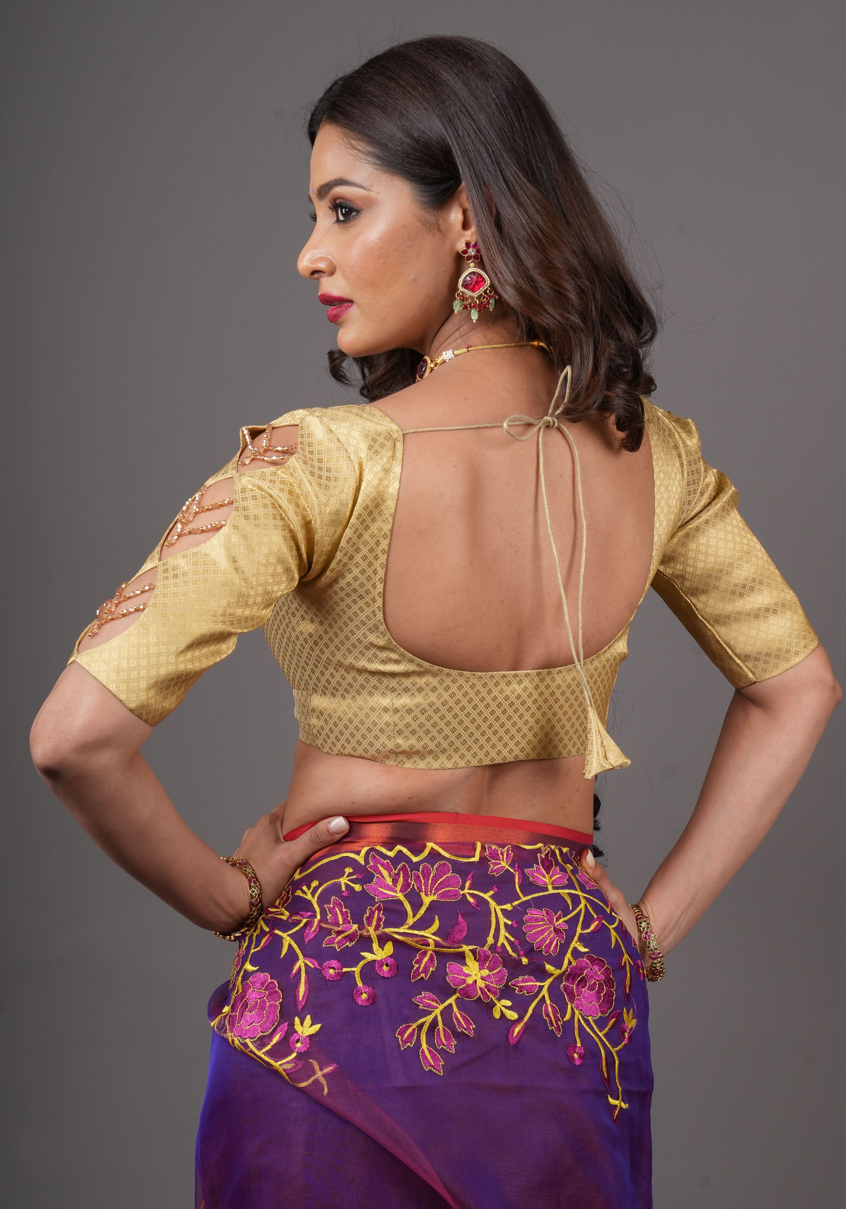 Golden blouse with cutout in sleeves and crystal detailing , Made to Order | Shobitam