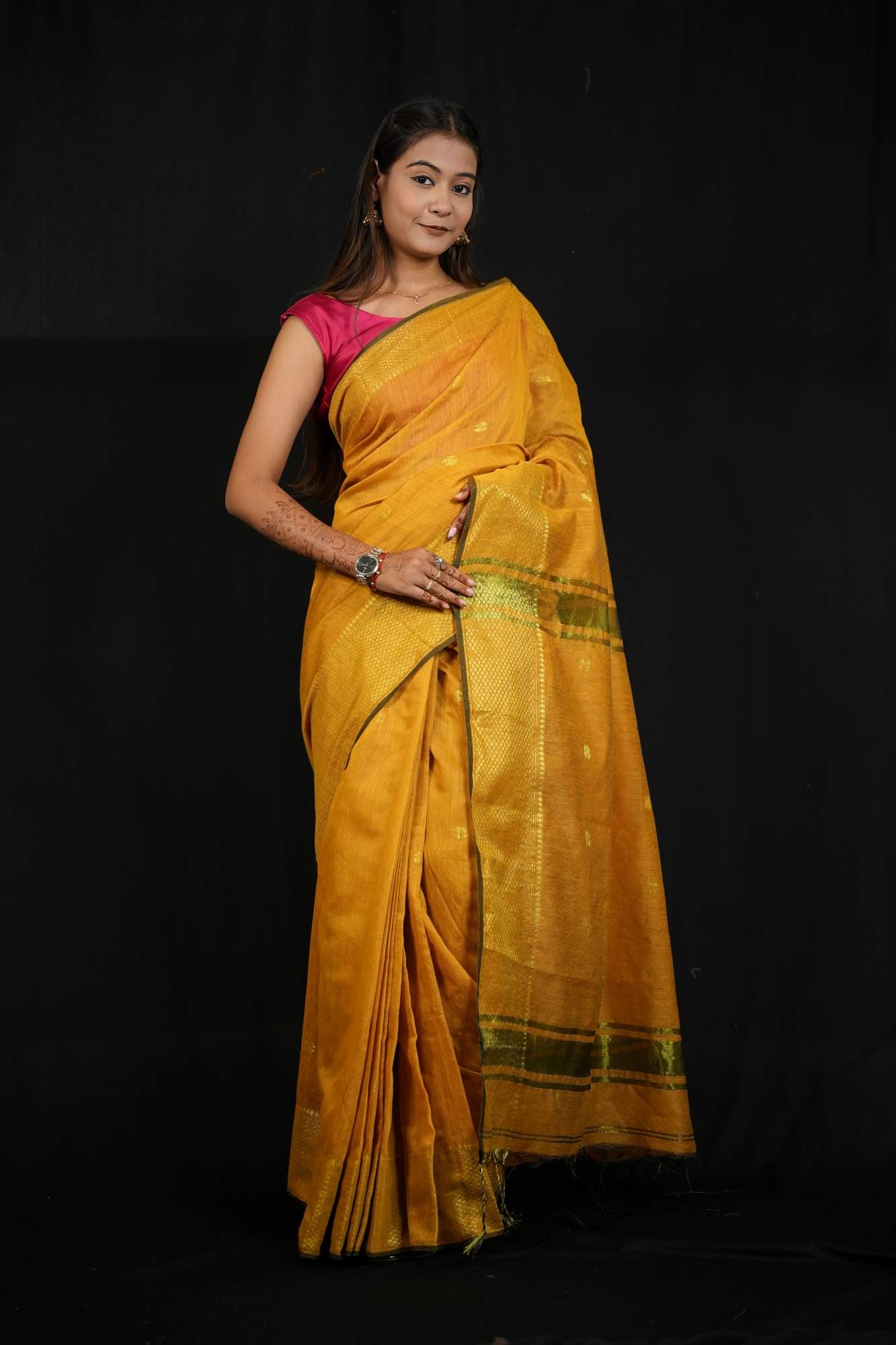 Ready To Wear Cotton Silk saree with All-Over Golden Butta , Maheshwari weave & Zari Weaving on Border