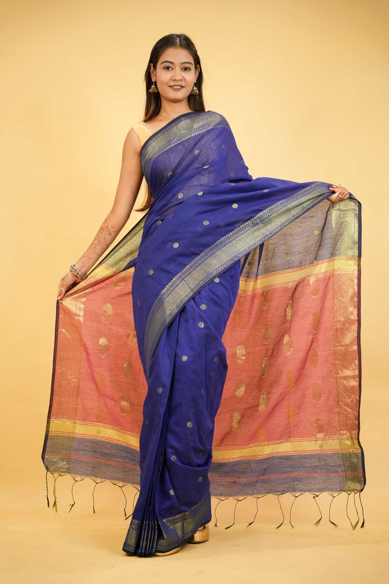 Cotton Silk with Combination of Blue and Pink in golden accents & Maheshwari pattern Wrap in 1 Minute Saree