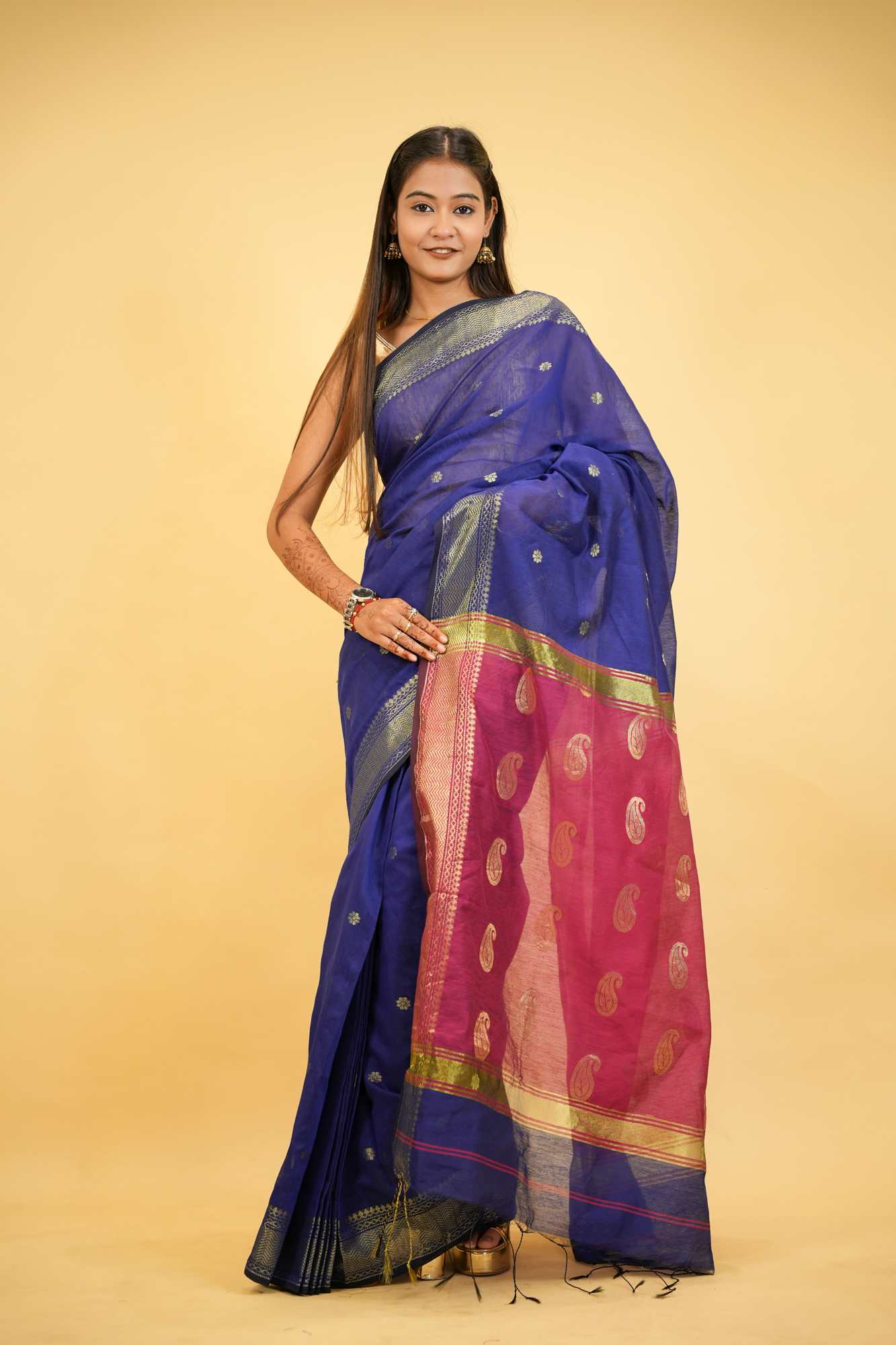 Cotton Silk with Combination of Blue and Pink in golden accents & Maheshwari pattern Wrap in 1 Minute Saree