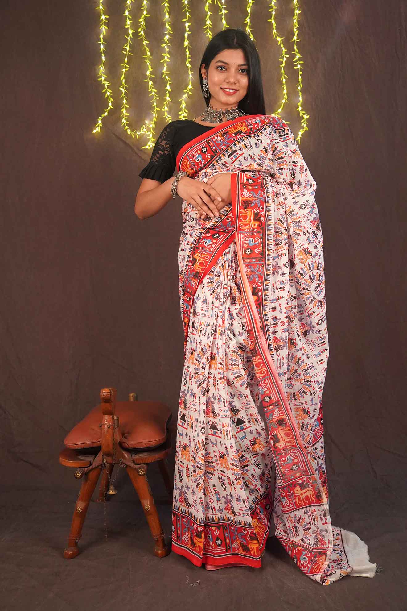 Ready to wear Warli Art Printed over all cotton one minute ready made saree and readymade blouse - Isadora Life