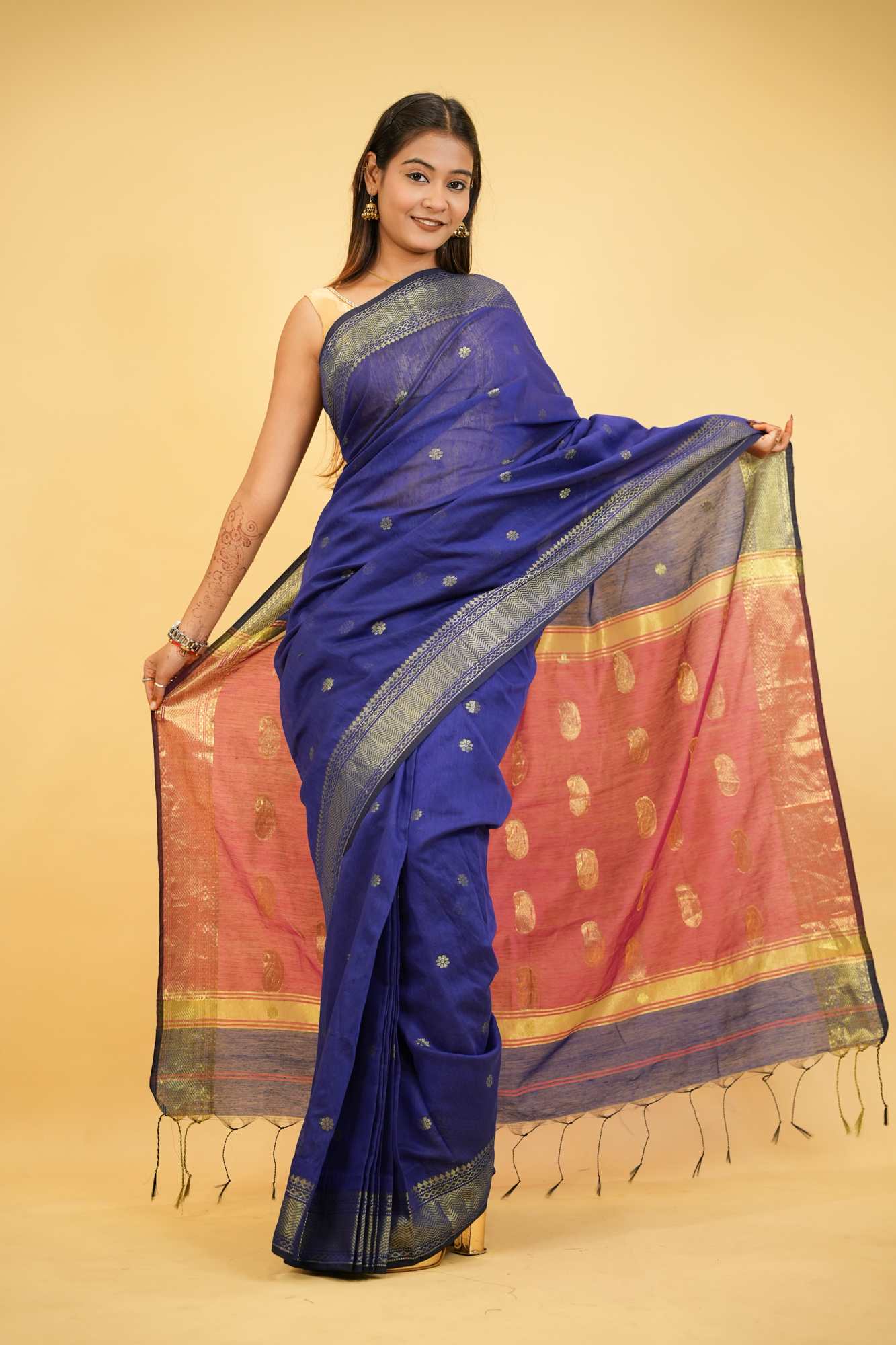 Cotton Silk with Combination of Blue and Pink in golden accents & Maheshwari pattern Wrap in 1 Minute Saree