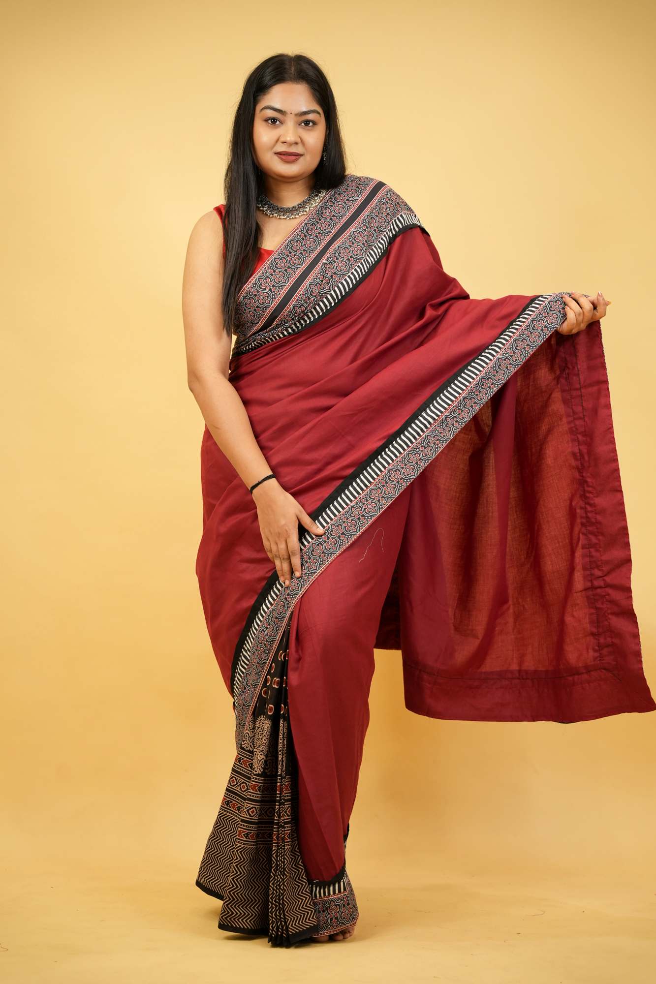 Red & Black Ajrakh Cotton with Rust-Toned Border Ready To Wear Saree