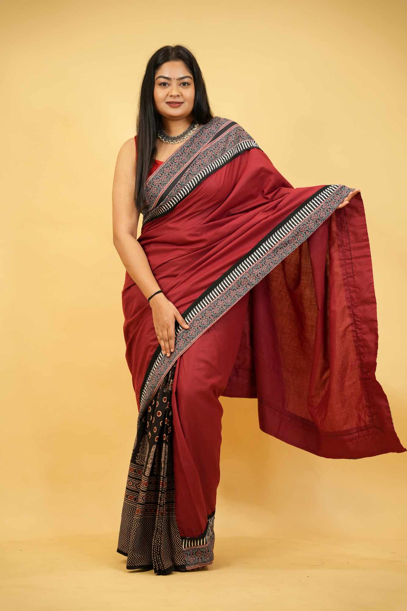 Red & Black Ajrakh Cotton with Rust-Toned Border Ready To Wear Saree