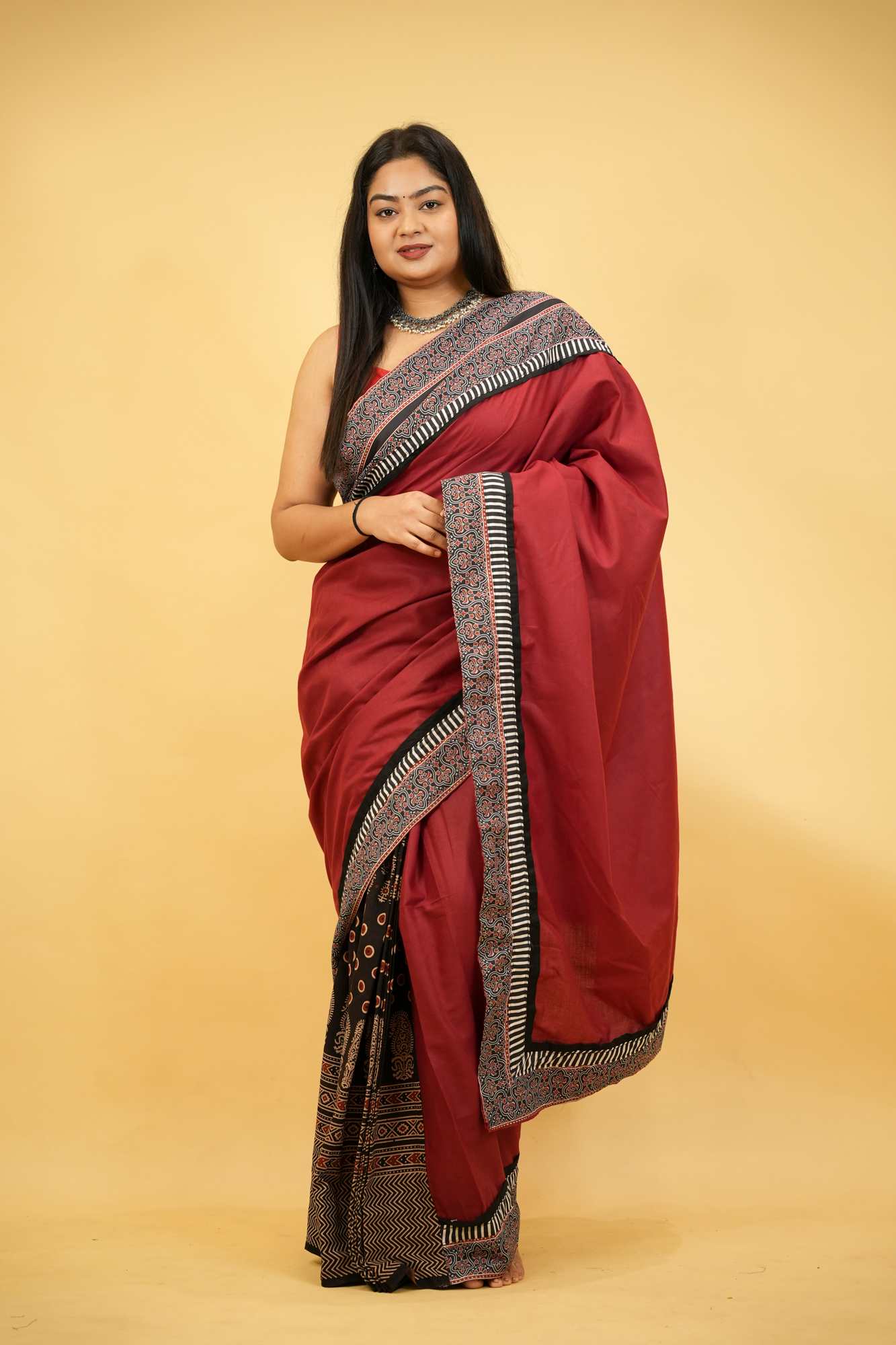 Red & Black Ajrakh Cotton with Rust-Toned Border Ready To Wear Saree