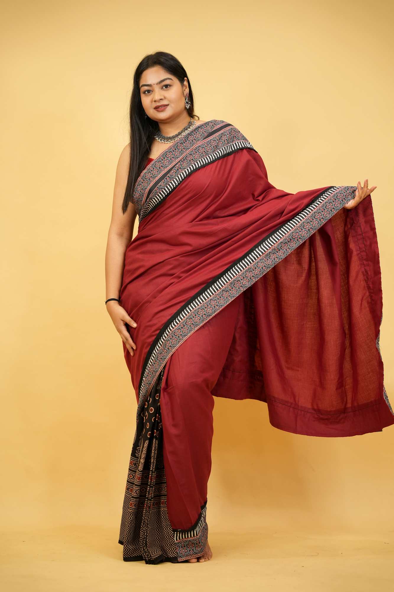 Red & Black Ajrakh Cotton with Rust-Toned Border Ready To Wear Saree