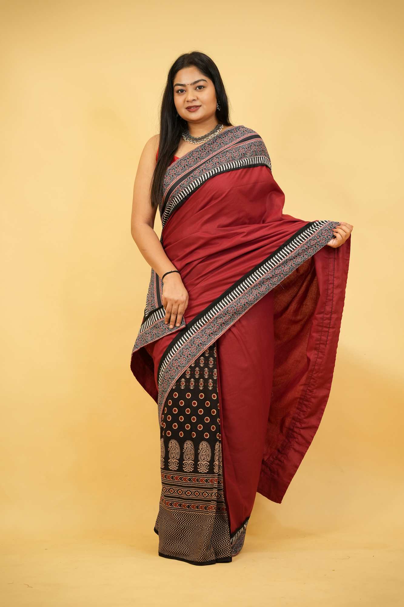 Red & Black Ajrakh Cotton with Rust-Toned Border Ready To Wear Saree