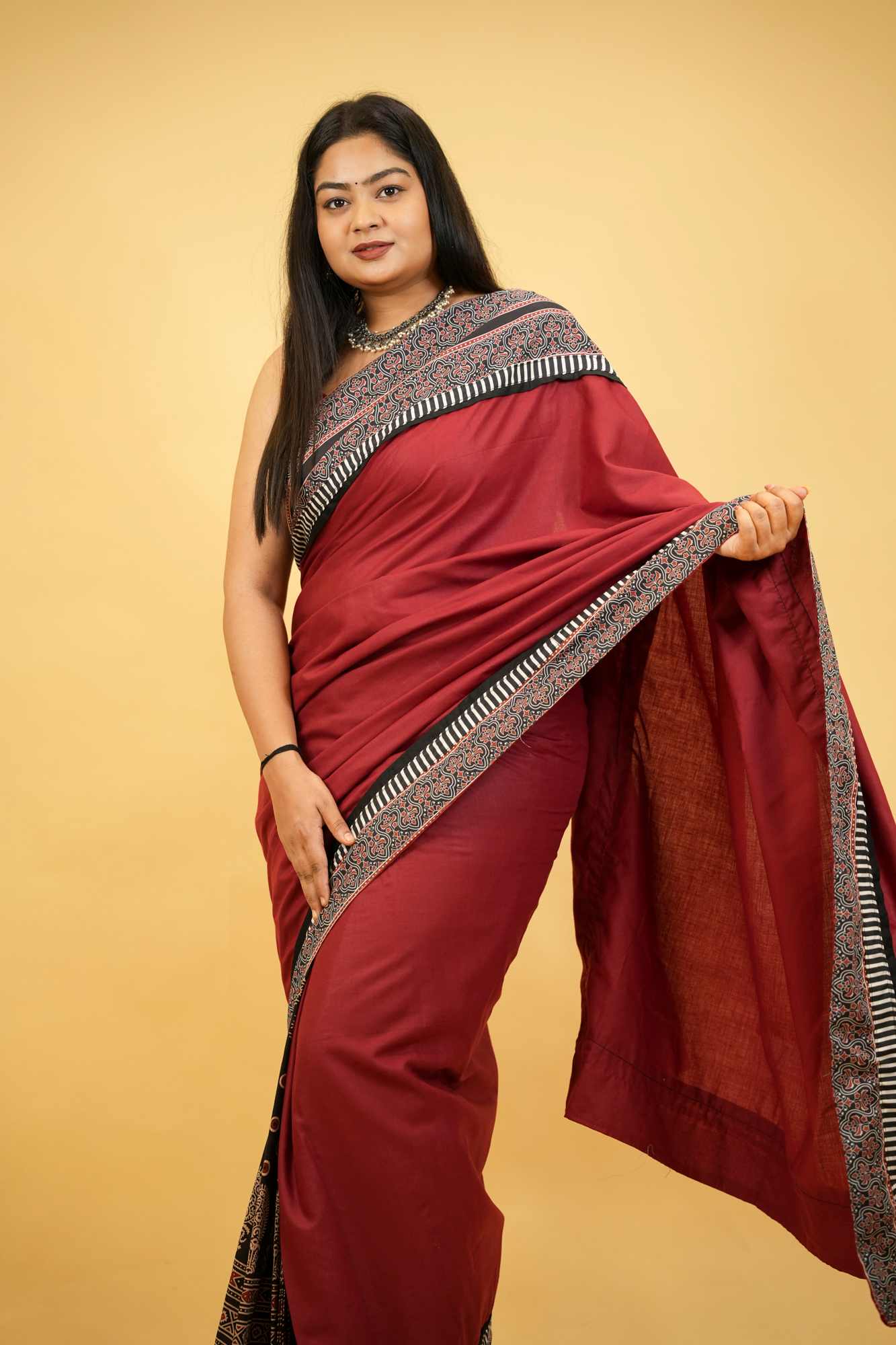 Red & Black Ajrakh Cotton with Rust-Toned Border Ready To Wear Saree
