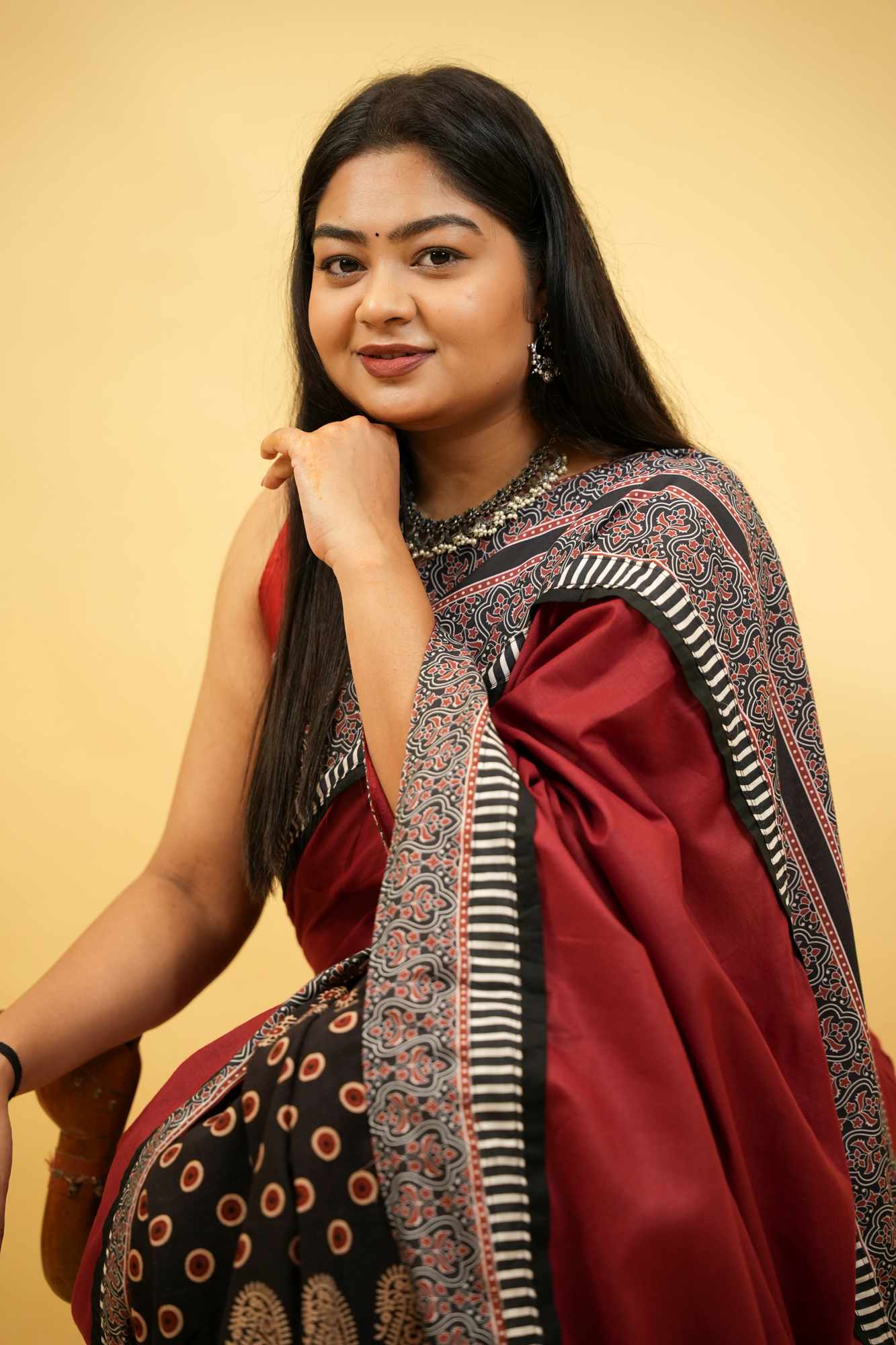 Red & Black Ajrakh Cotton with Rust-Toned Border Ready To Wear Saree