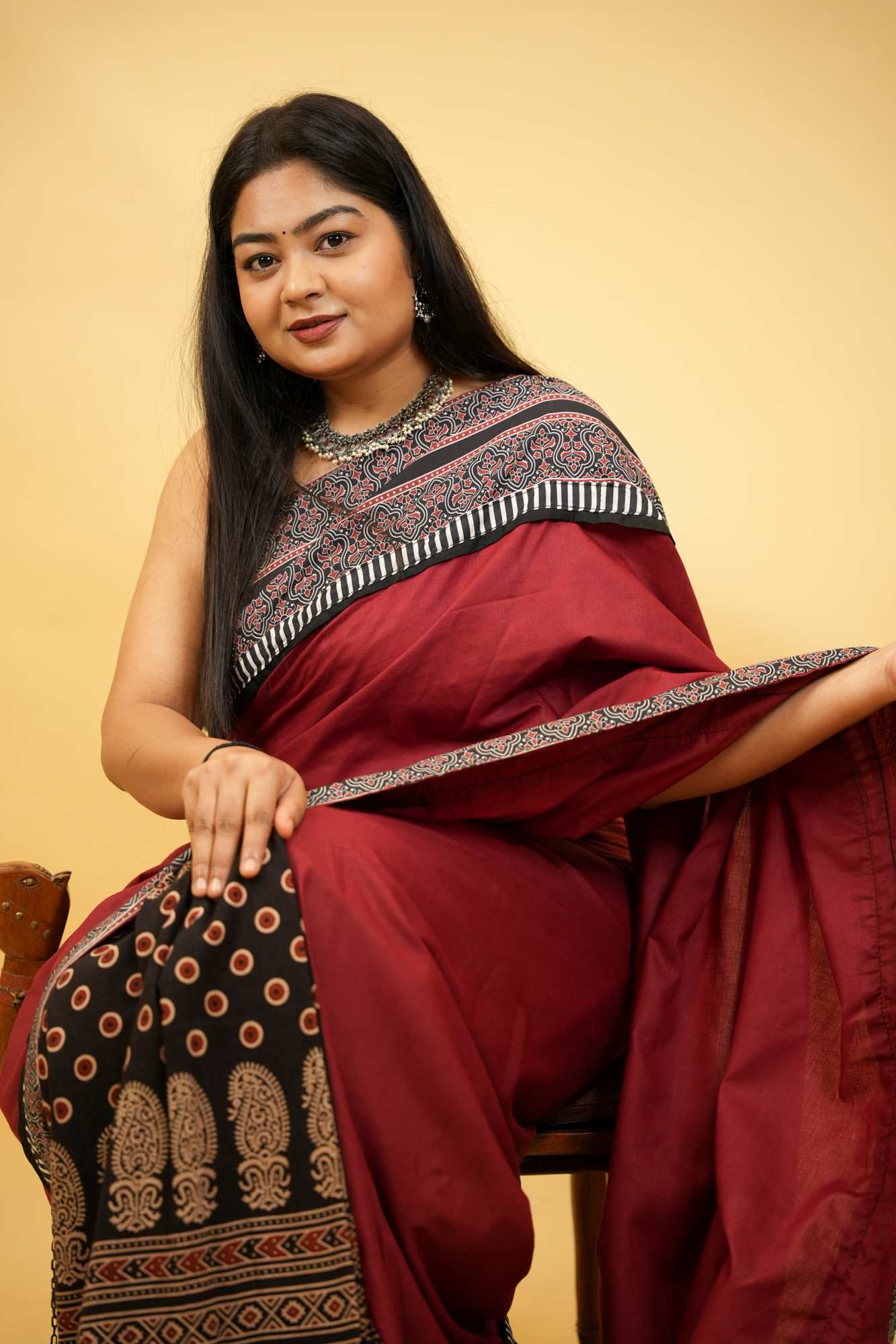 Red & Black Ajrakh Cotton with Rust-Toned Border Ready To Wear Saree