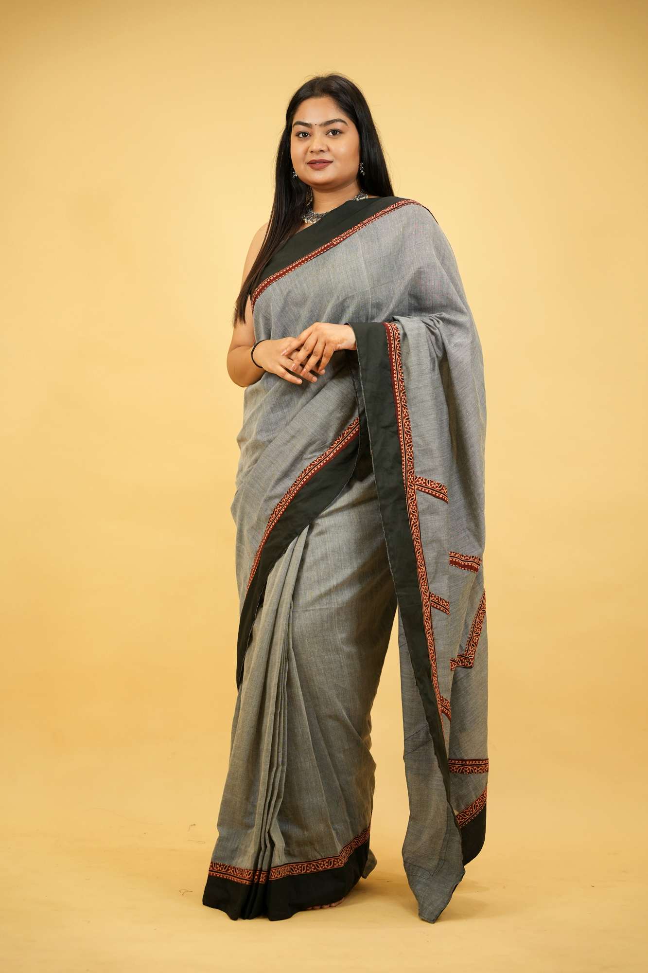 Khadi Cotton with Vegetable Dyed Ajrakh Border Ready To Wear Saree