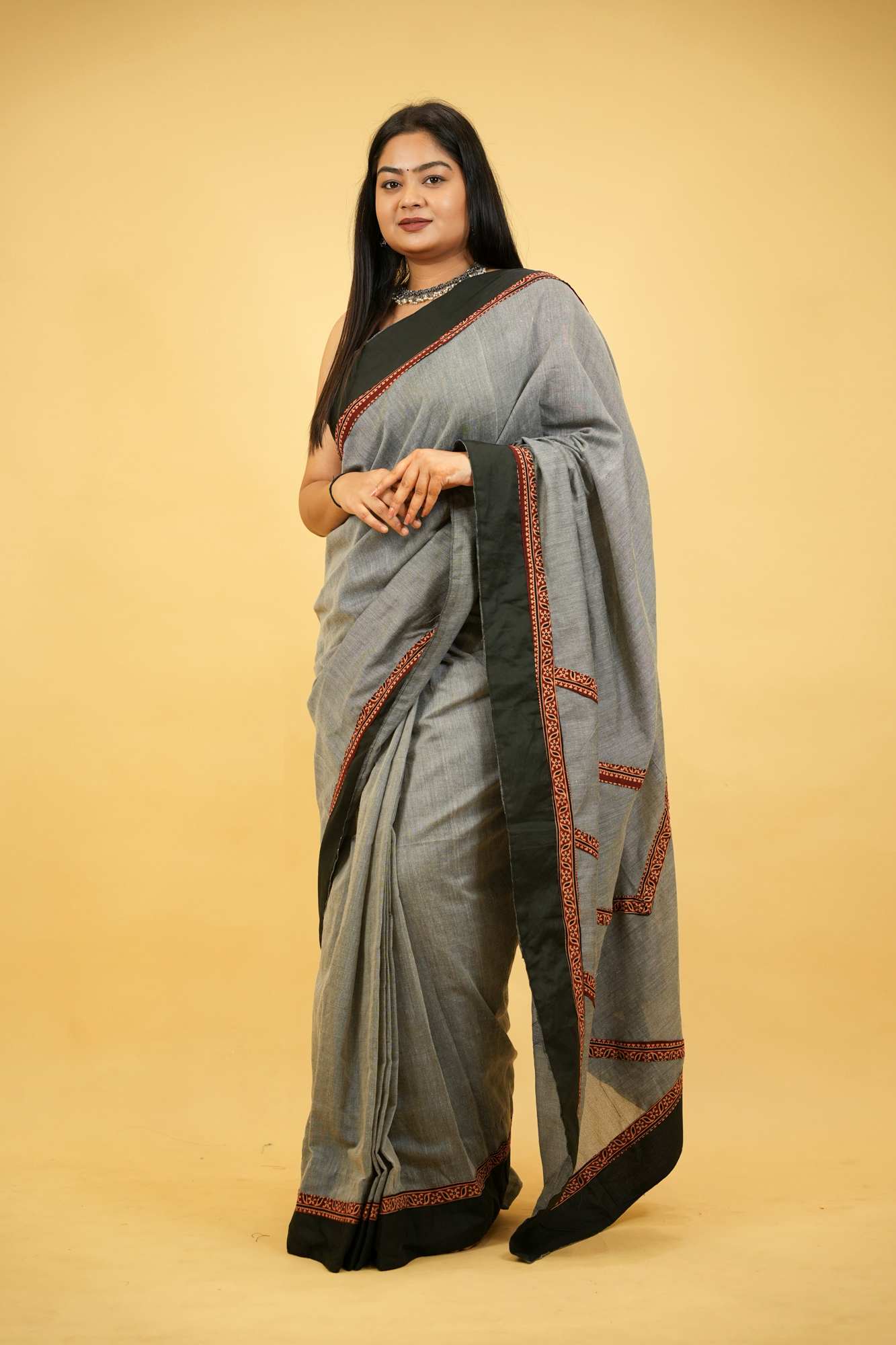 Khadi Cotton with Vegetable Dyed Ajrakh Border Ready To Wear Saree