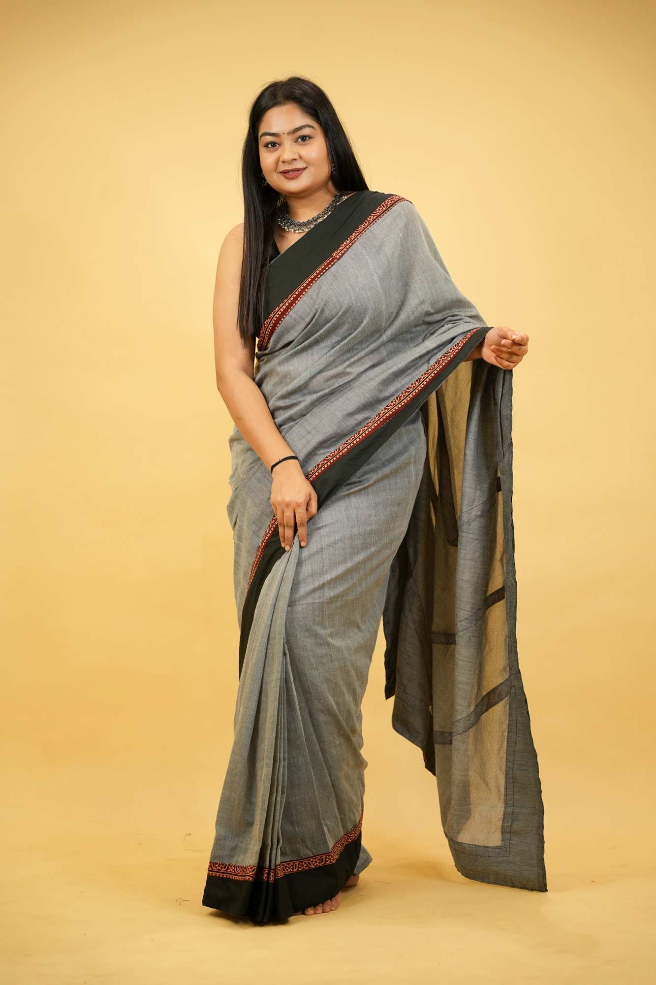 Khadi Cotton with Vegetable Dyed Ajrakh Border Ready To Wear Saree