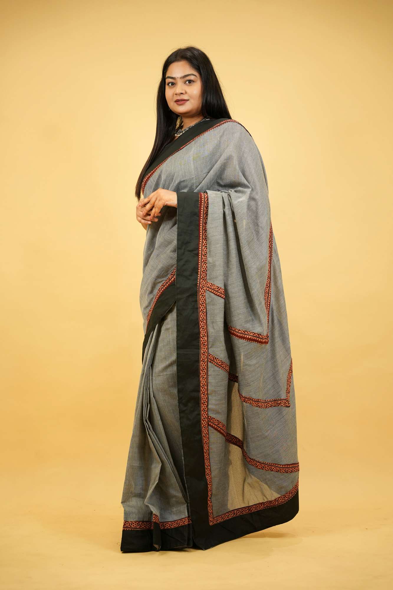 Khadi Cotton with Vegetable Dyed Ajrakh Border Ready To Wear Saree