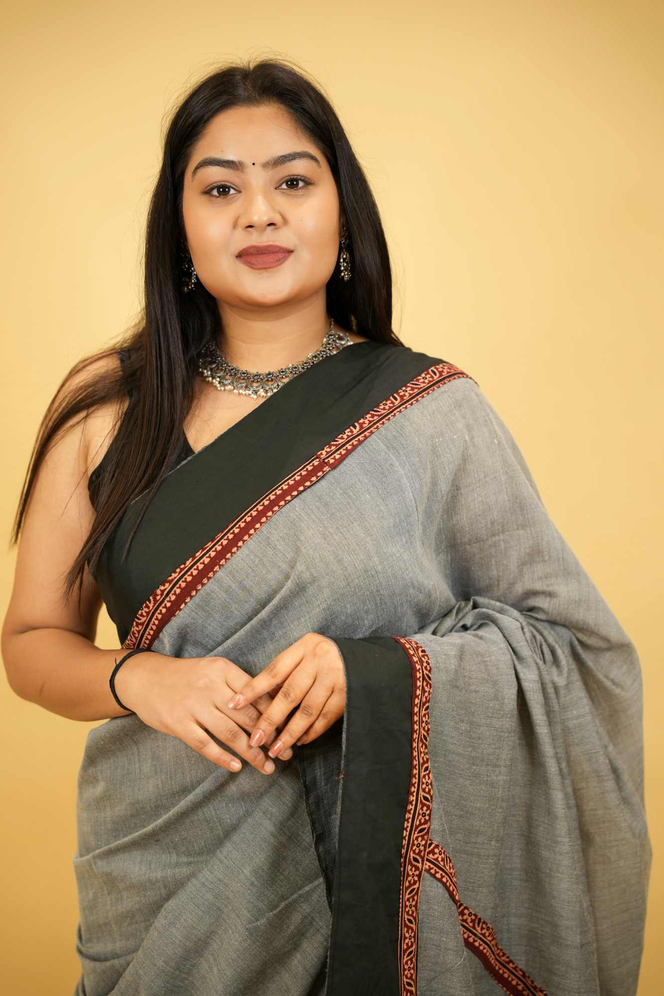 Khadi Cotton with Vegetable Dyed Ajrakh Border Ready To Wear Saree