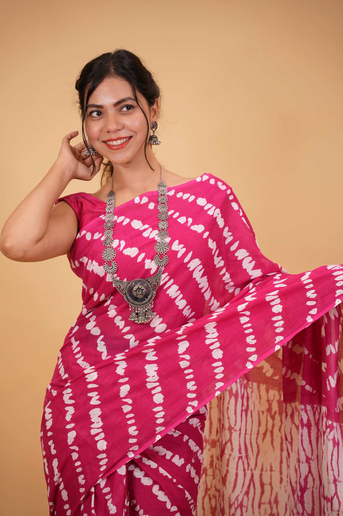 Mulmul Cotton Jaipuri pink with White lehariya Ready to wear Saree