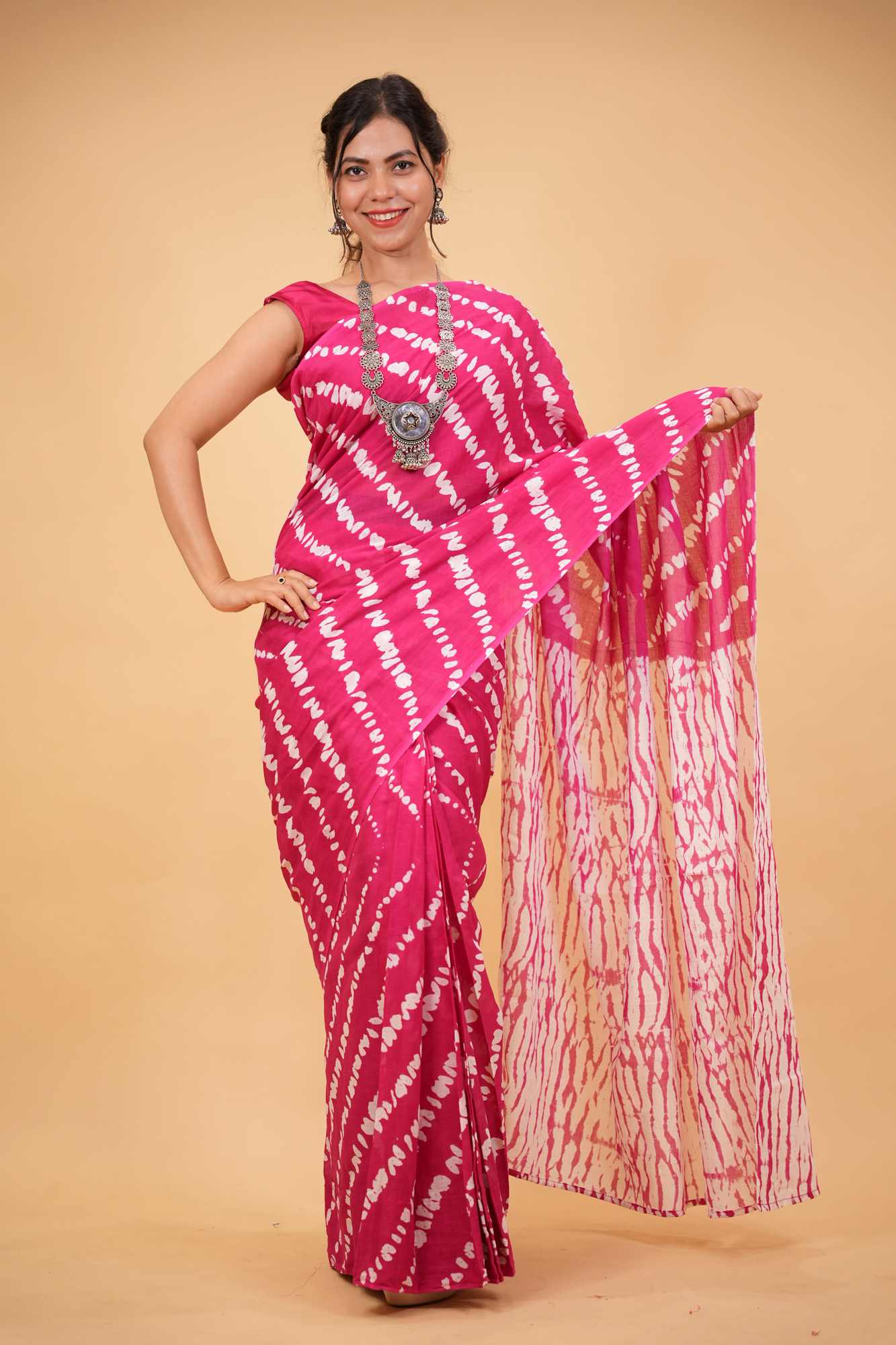 Mulmul Cotton Jaipuri pink with White lehariya Ready to wear Saree