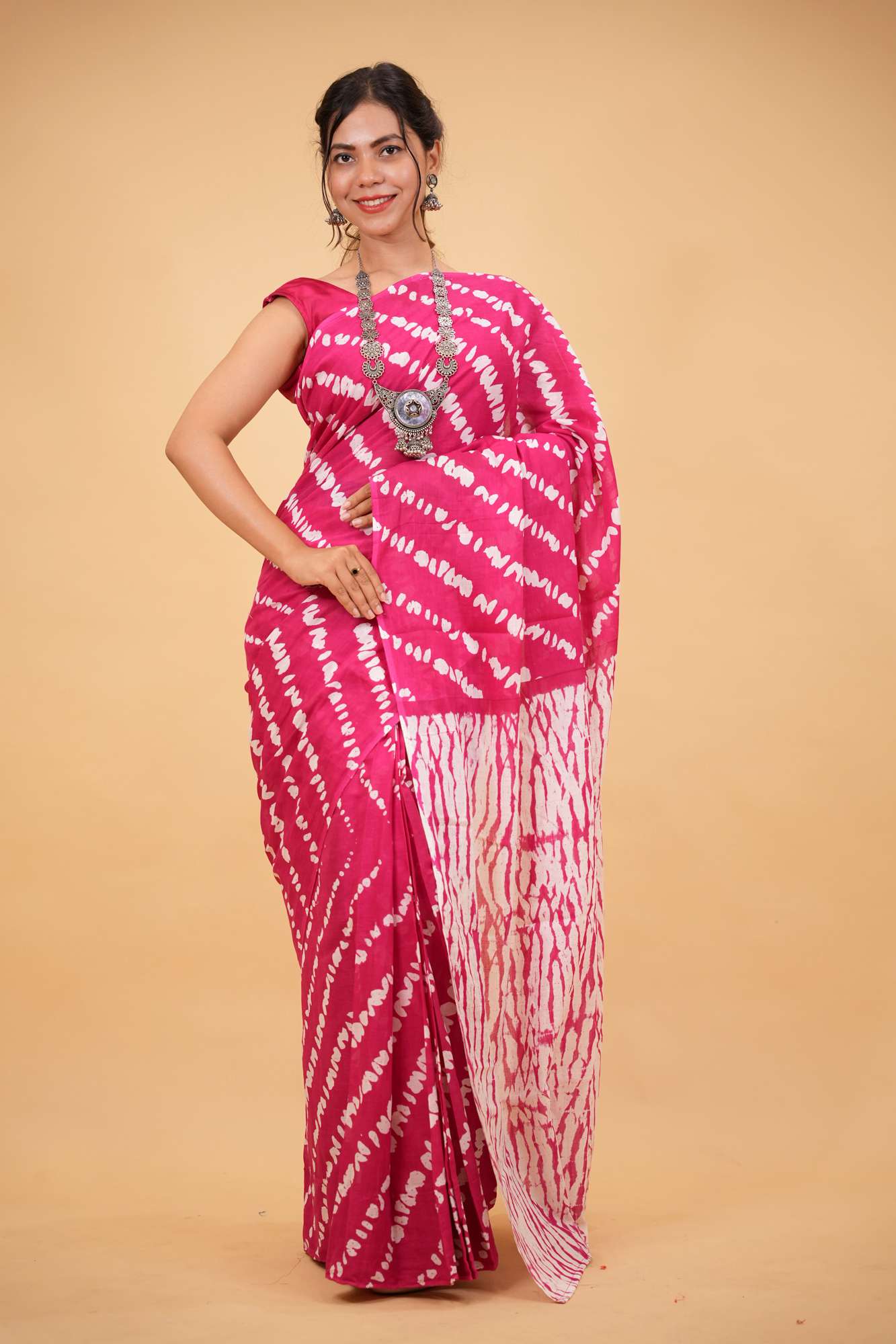 Mulmul Cotton Jaipuri pink with White lehariya Ready to wear Saree
