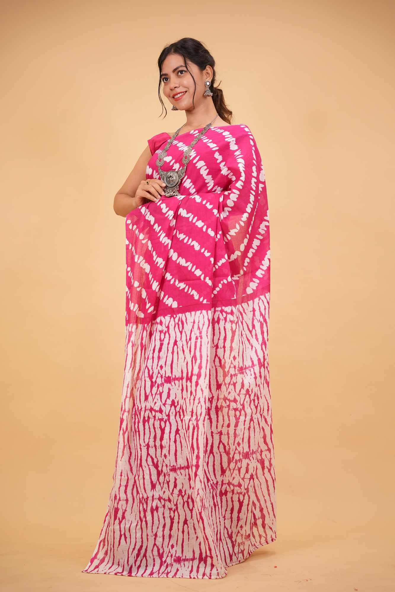 Mulmul Cotton Jaipuri pink with White lehariya Ready to wear Saree