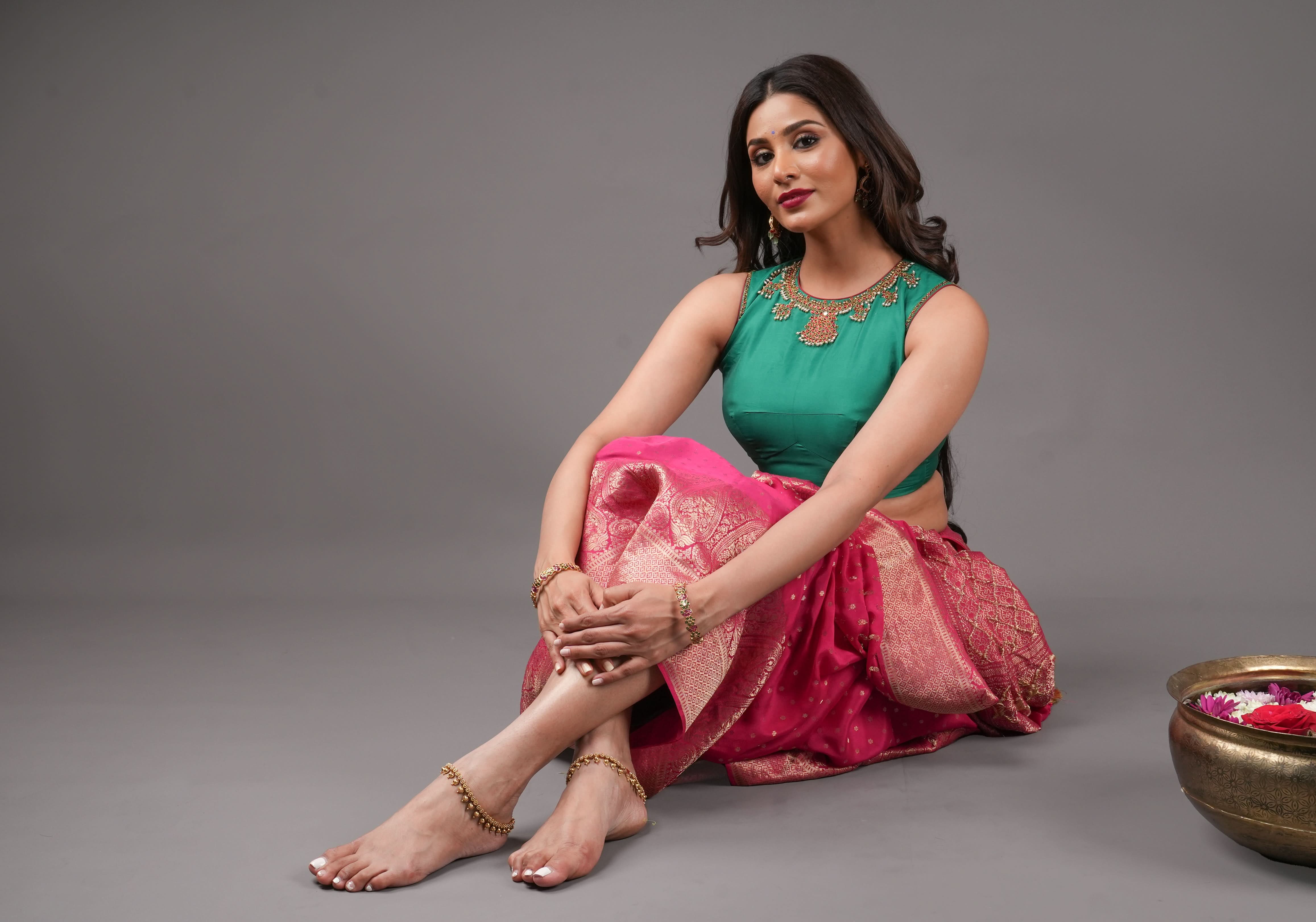 Green Necklace Design Jadau Ornamental Sleeveless Blouse in Emerald Green Silk , Made to Order | Shobitam