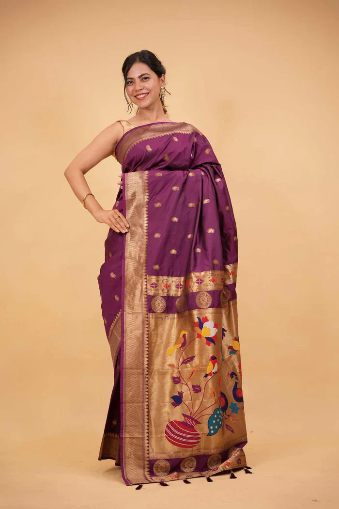 Plum Paithani Silk Saree with golden meenakari inspired woven pallu zari border ready to wear | SILK MARK CERTIFIED