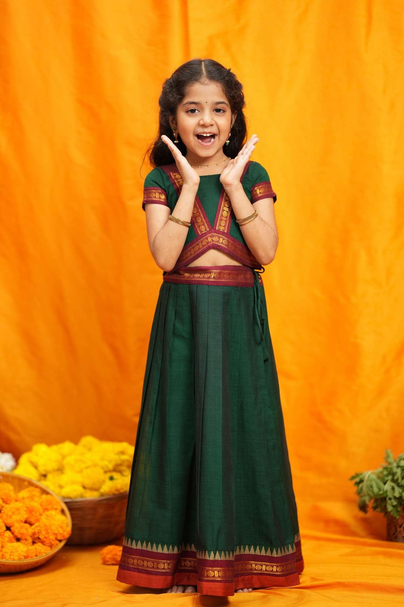 Sreeja Green Handwoven Lehenga Mini | Made To Order