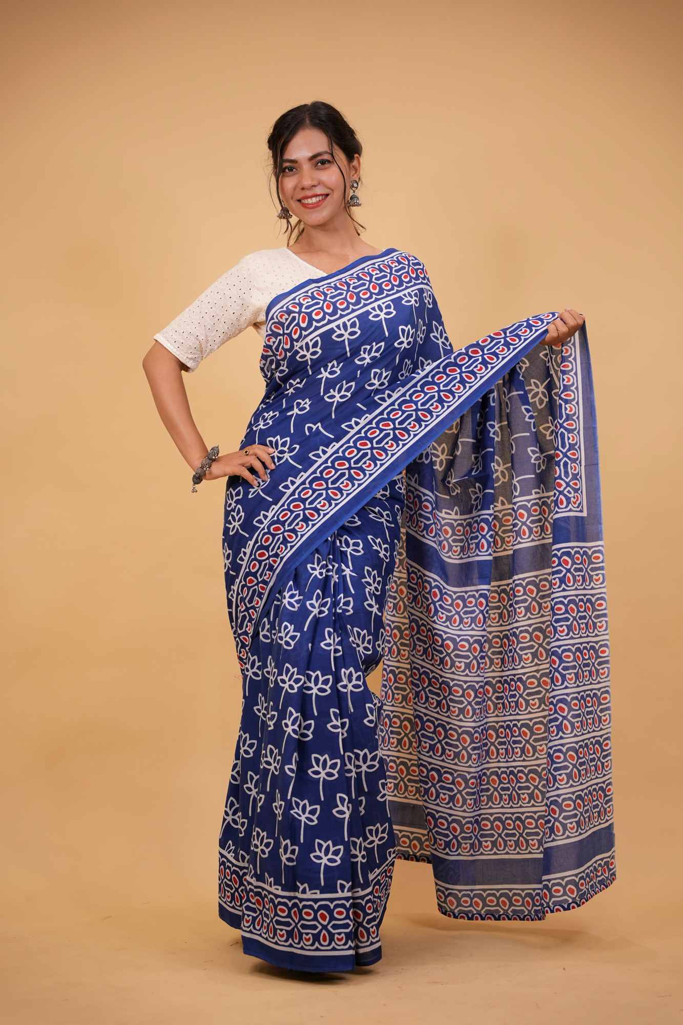 Mulmul Cotton JaipurI Indigo with Hand Block Printed Ready to wear Saree