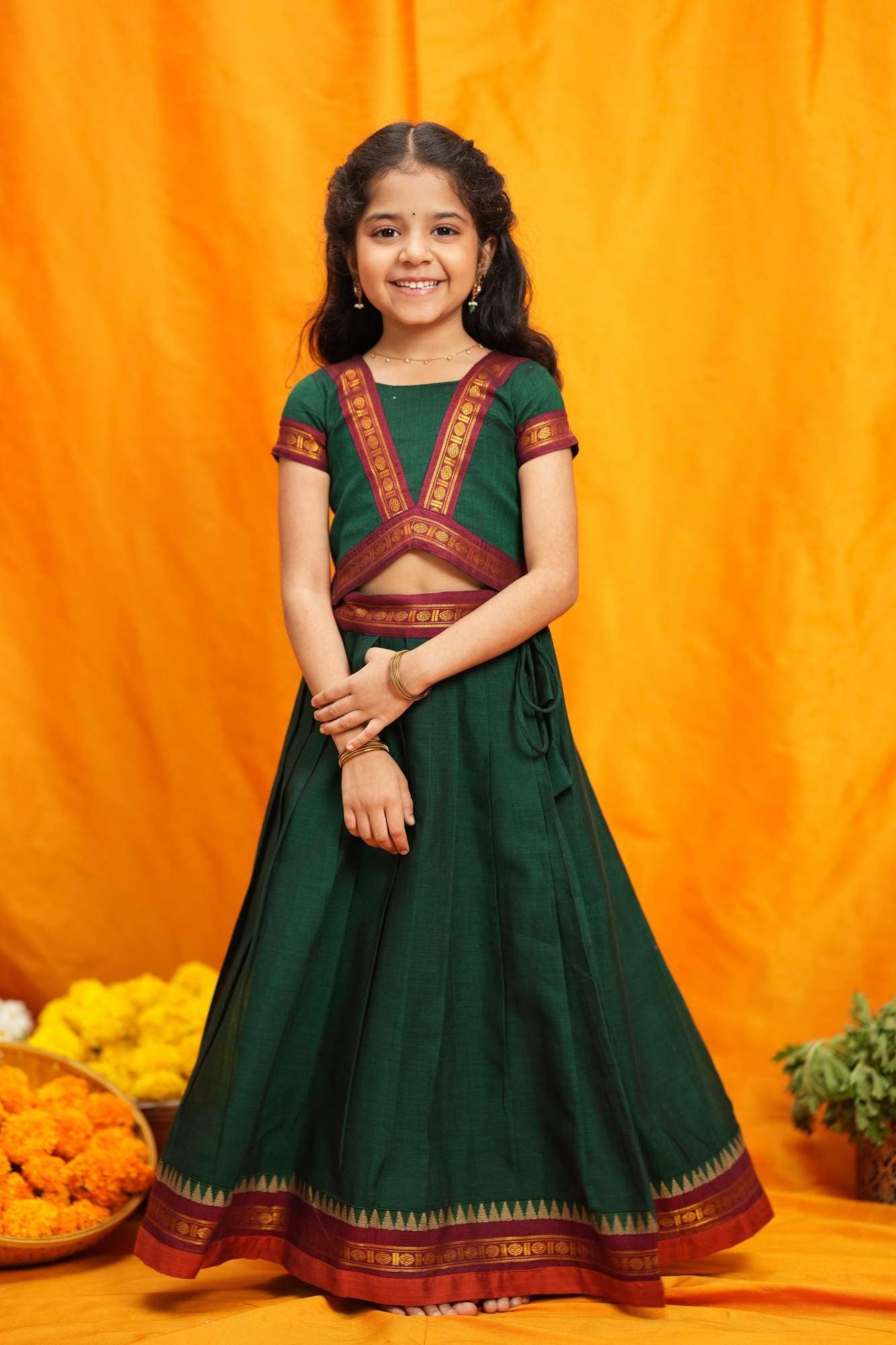 Sreeja Green Handwoven Lehenga Mini | Made To Order