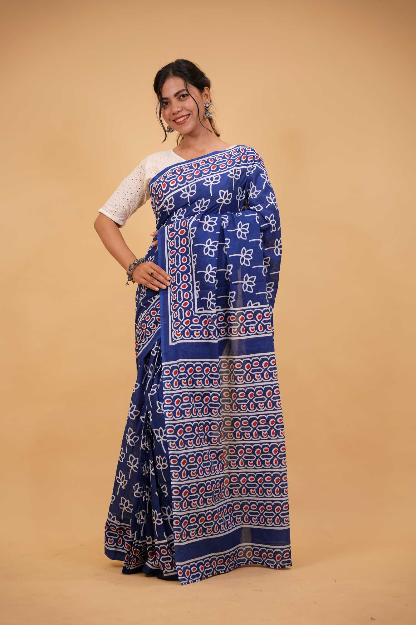 Mulmul Cotton JaipurI Indigo with Hand Block Printed Ready to wear Saree