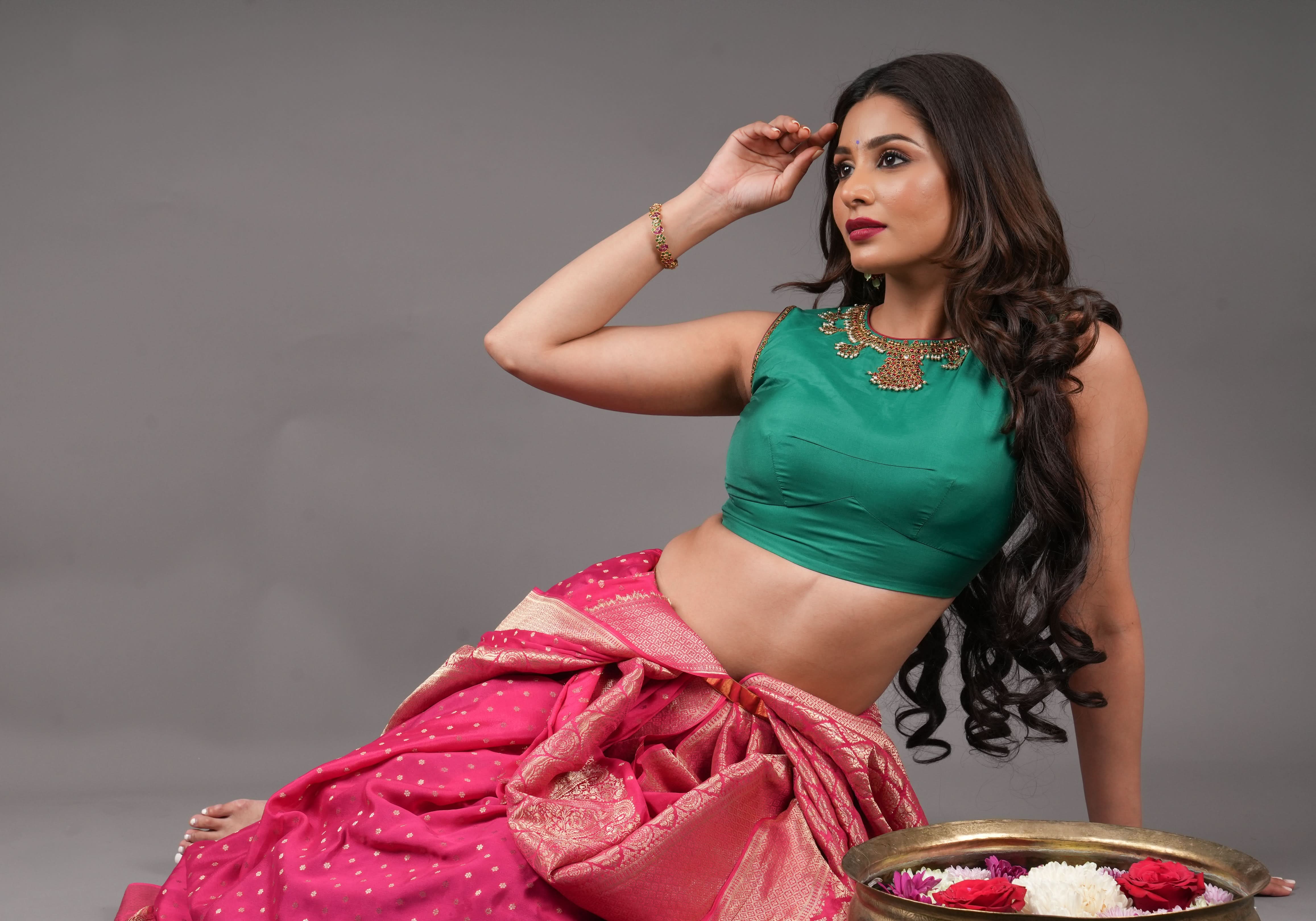 Green Necklace Design Jadau Ornamental Sleeveless Blouse in Emerald Green Silk , Made to Order | Shobitam