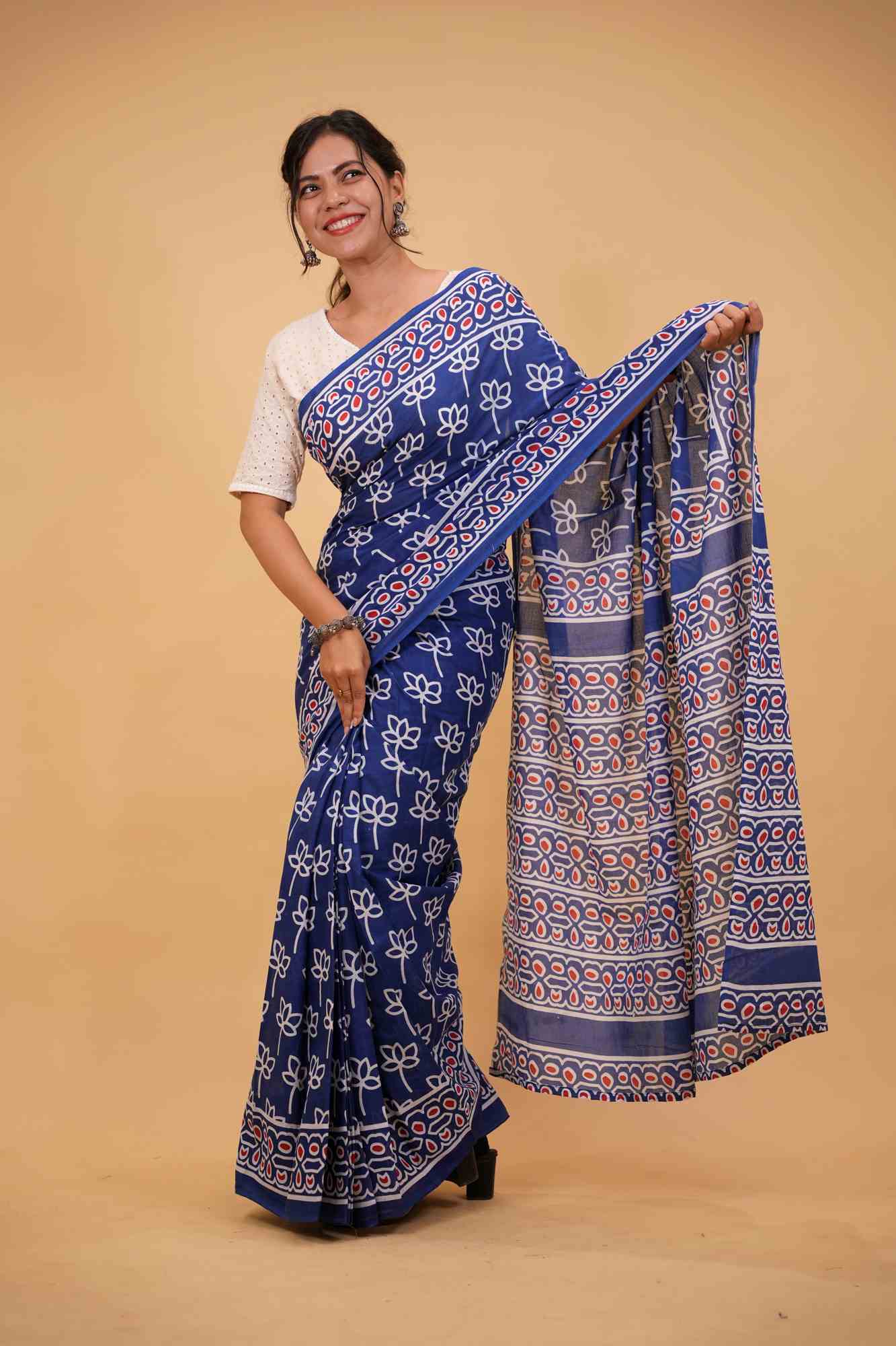 Mulmul Cotton JaipurI Indigo with Hand Block Printed Ready to wear Saree